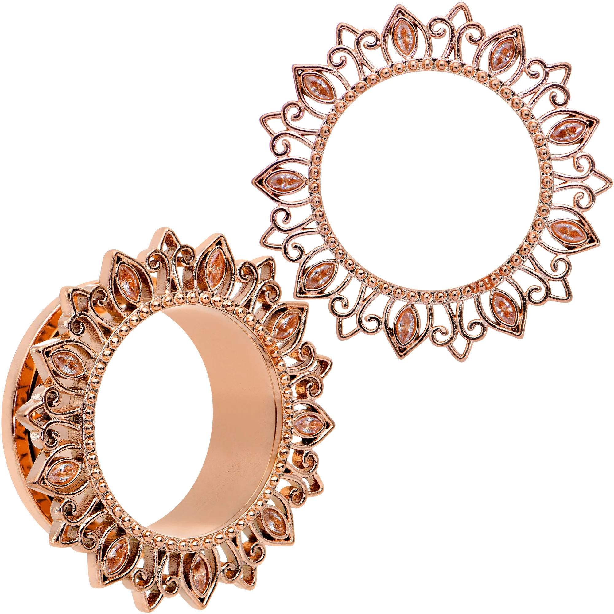 Brown Gem Rose Gold Tone Floral Edge Screw Fit Tunnel Plug Set - Image 15