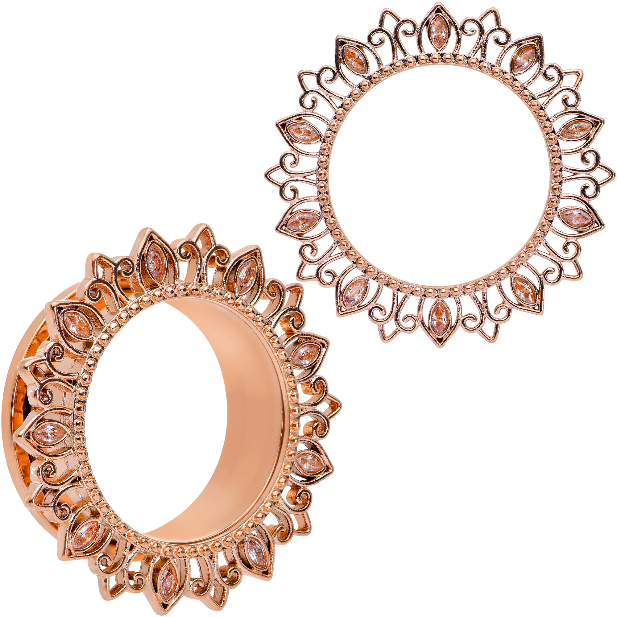 Brown Gem Rose Gold Tone Floral Edge Screw Fit Tunnel Plug Set - Image 16