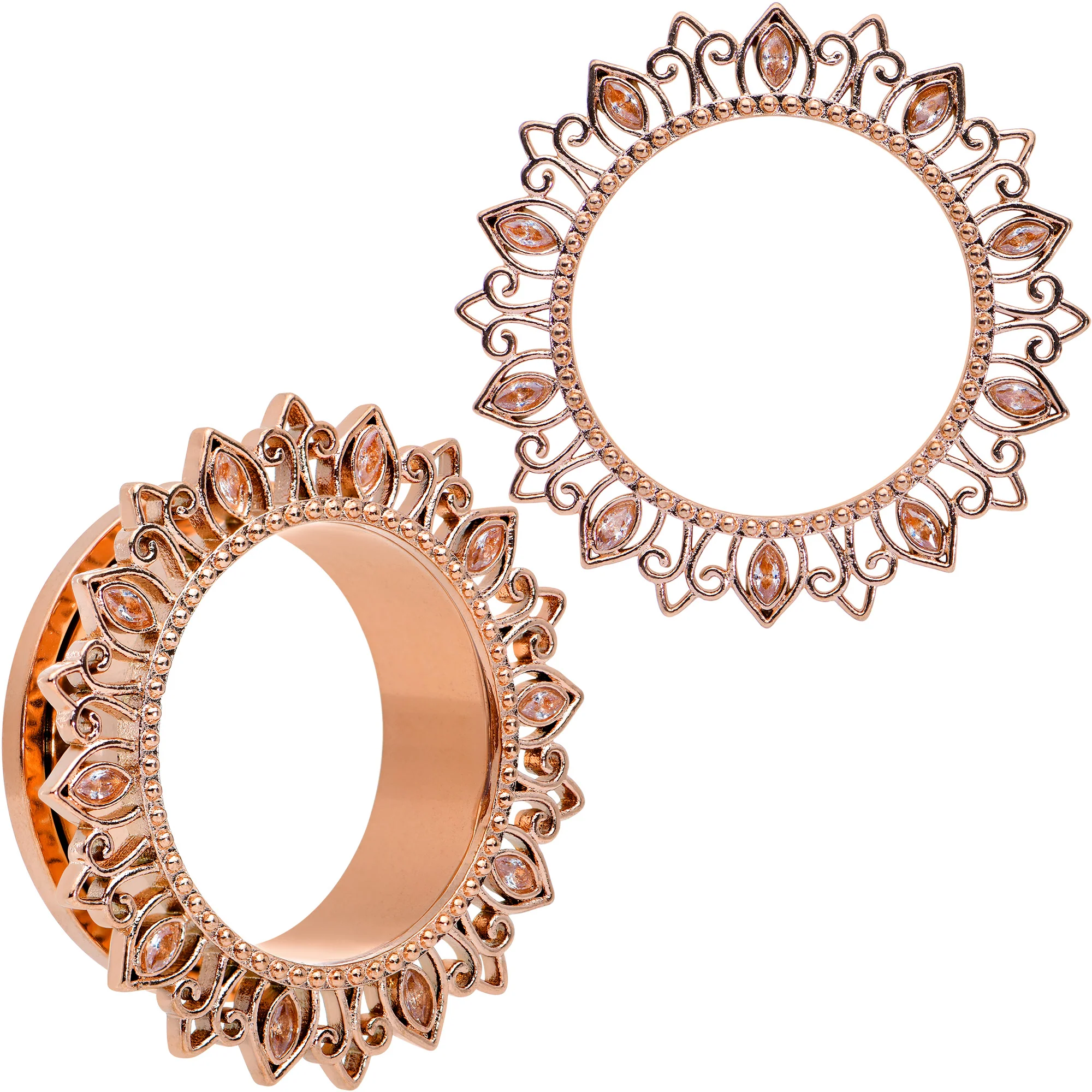 Brown Gem Rose Gold Tone Floral Edge Screw Fit Tunnel Plug Set - Image 17
