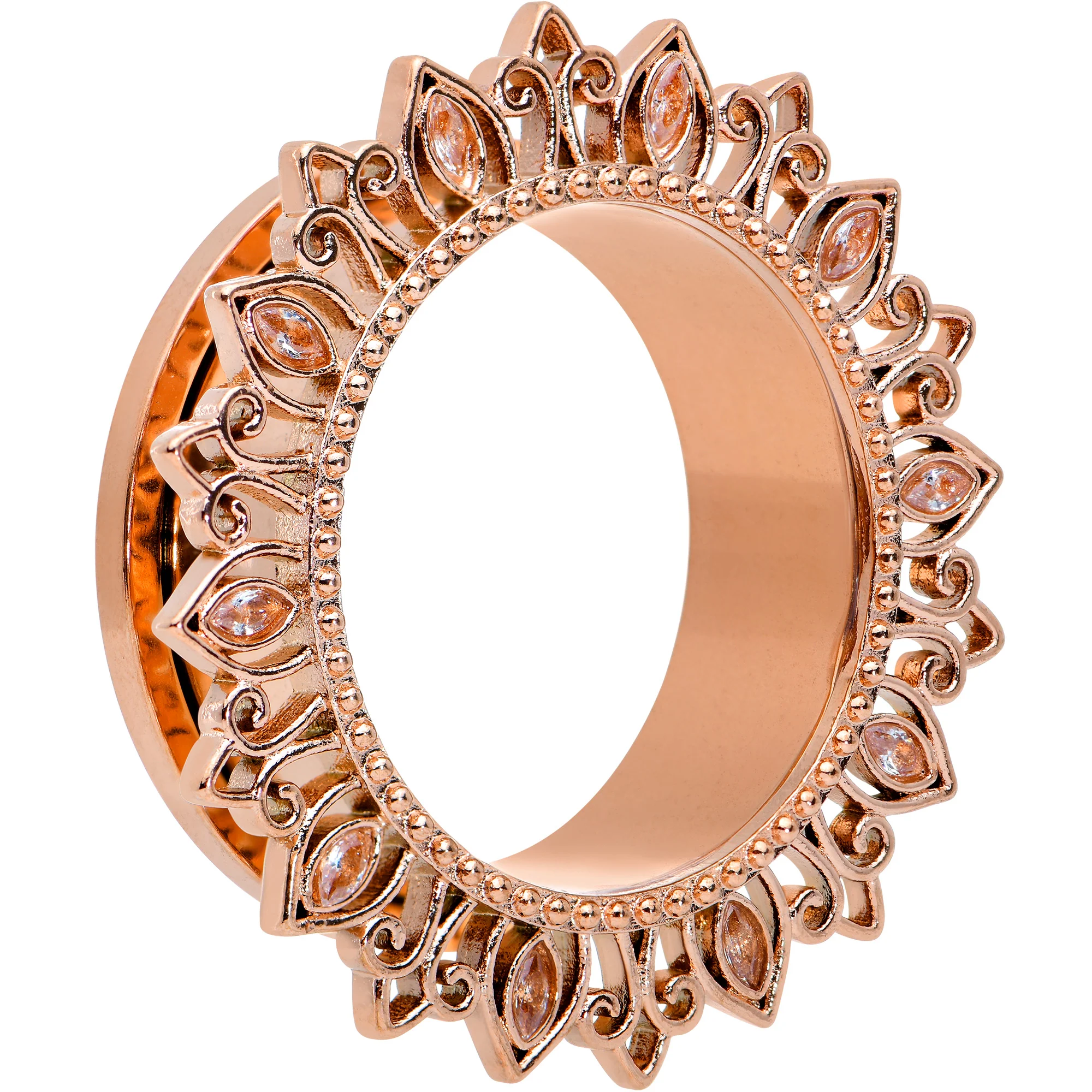 Brown Gem Rose Gold Tone Floral Edge Screw Fit Tunnel Plug Set - Image 3