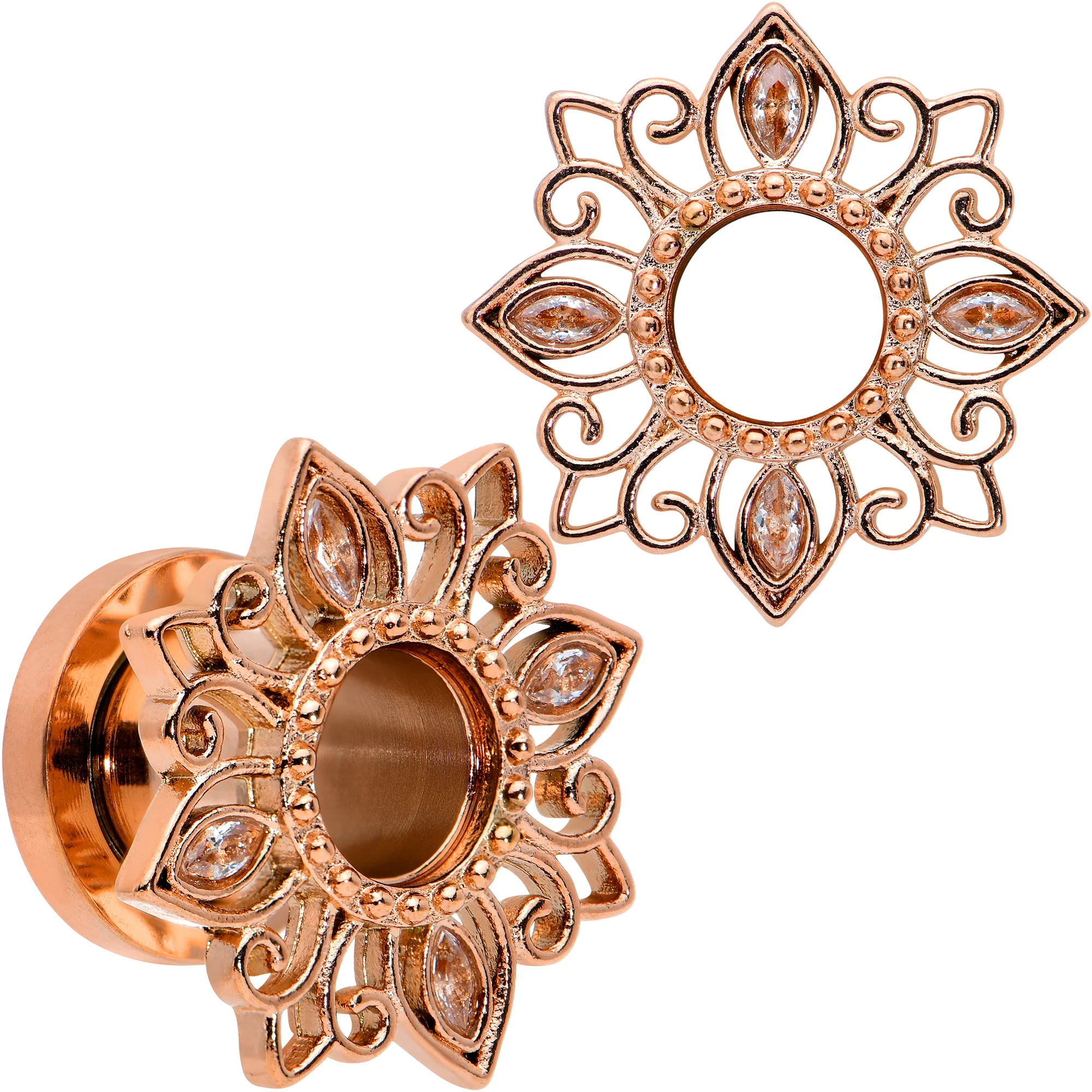 Brown Gem Rose Gold Tone Floral Edge Screw Fit Tunnel Plug Set - Image 6