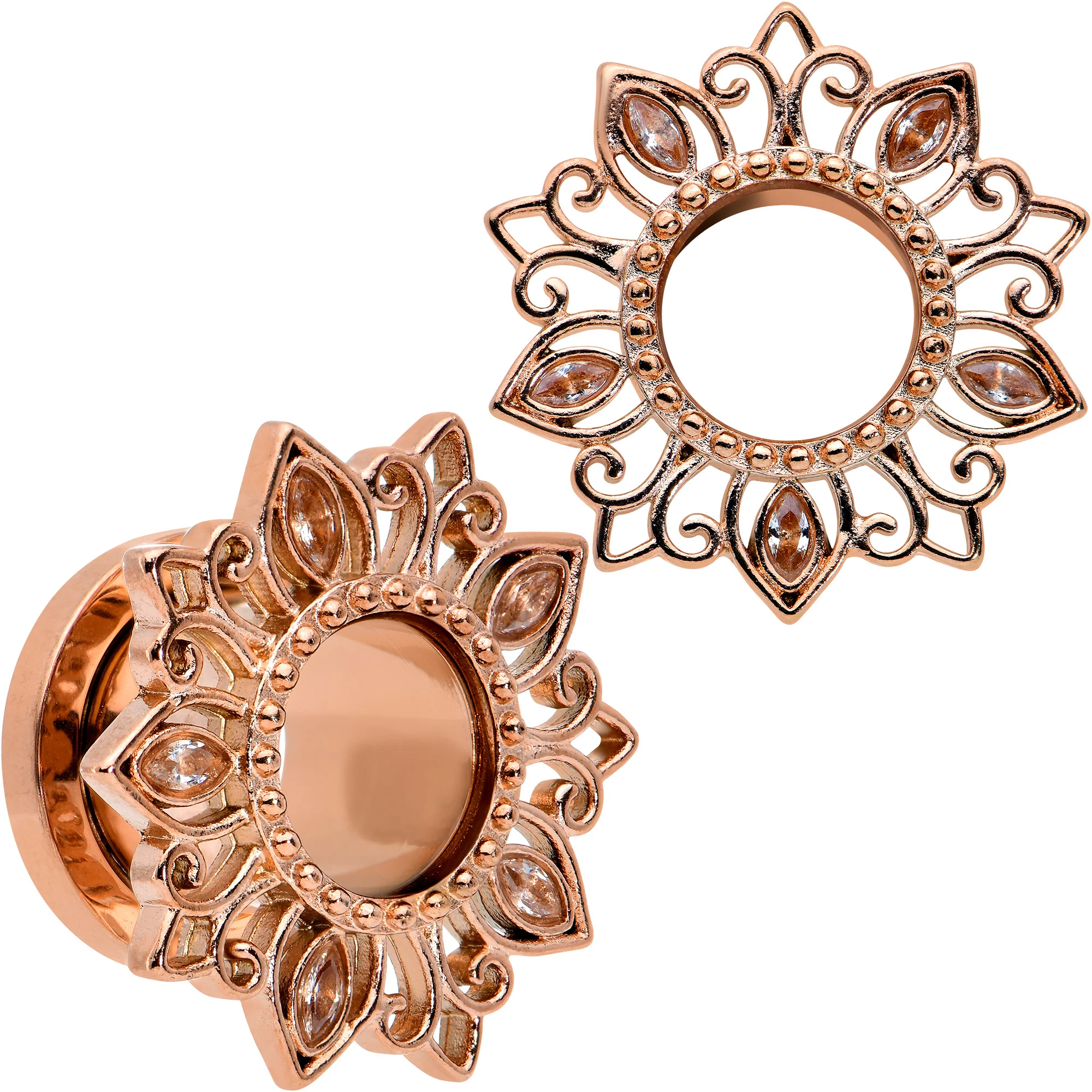 Brown Gem Rose Gold Tone Floral Edge Screw Fit Tunnel Plug Set - Image 7
