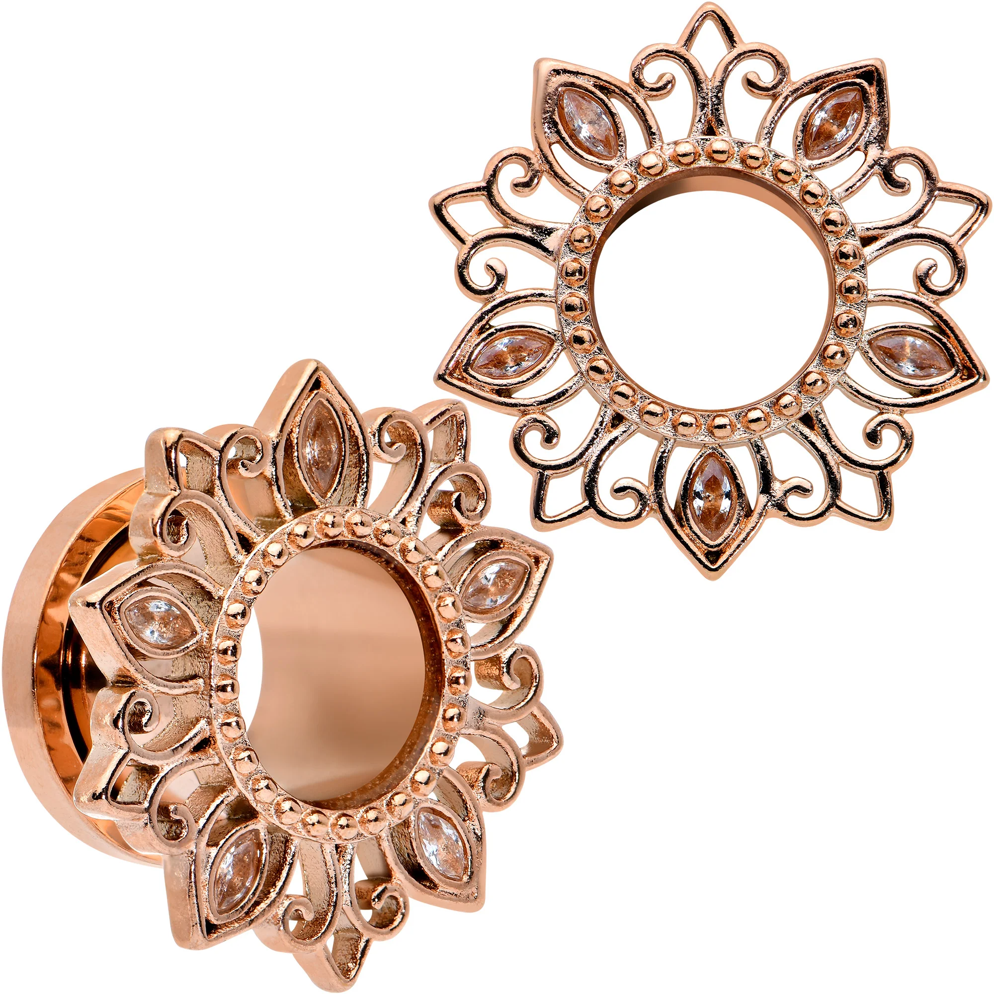 Brown Gem Rose Gold Tone Floral Edge Screw Fit Tunnel Plug Set - Image 8