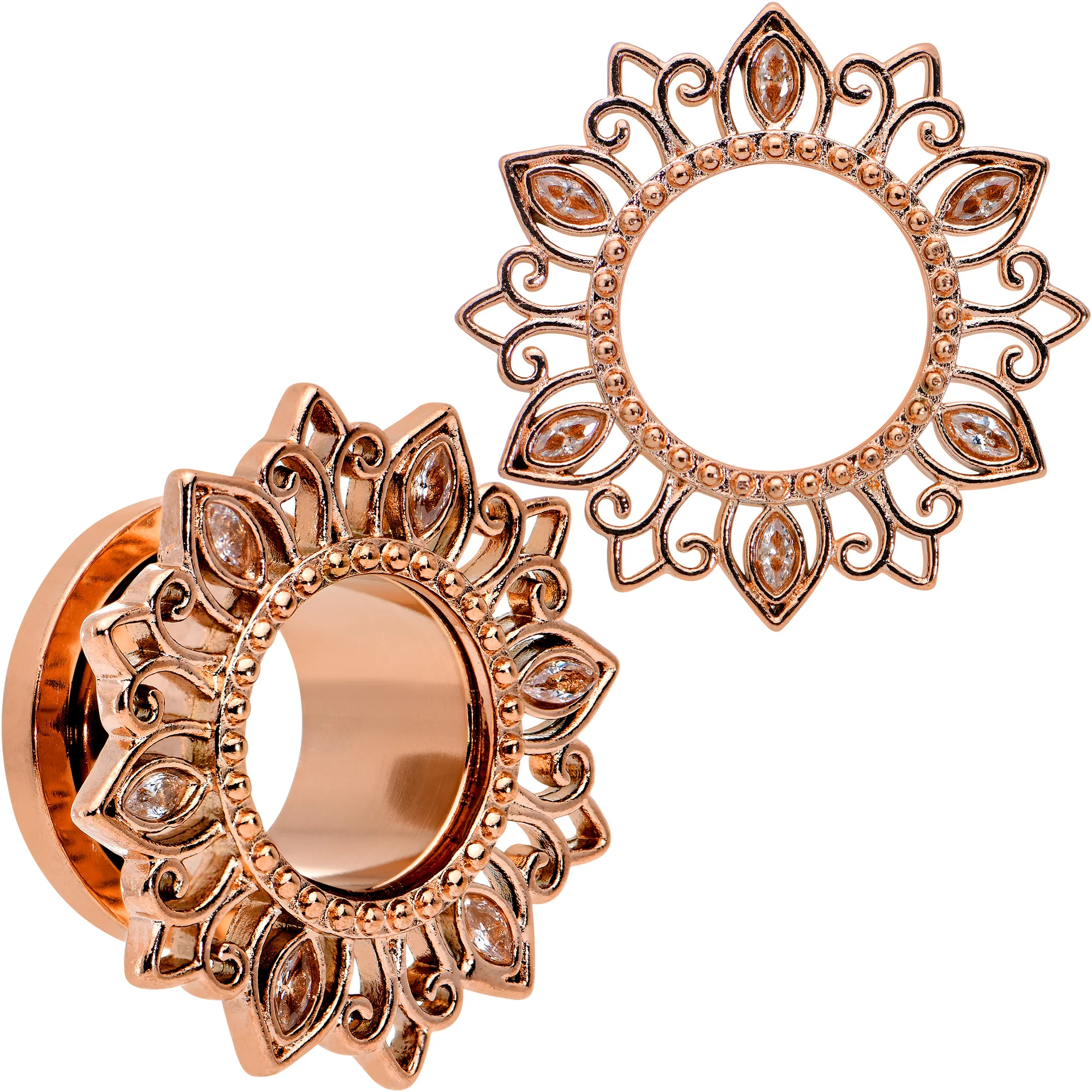 Brown Gem Rose Gold Tone Floral Edge Screw Fit Tunnel Plug Set - Image 9