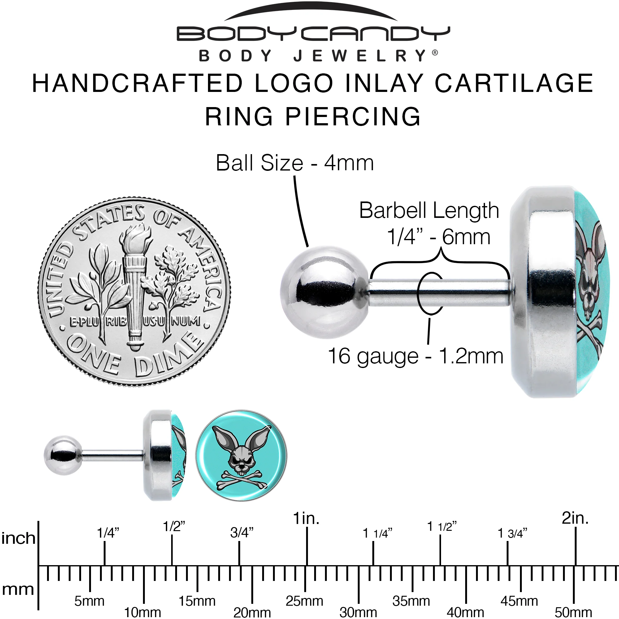 16G 1/4 Bunny and Crossbones Tragus Cartilage Earring by Onyx O - Image 6