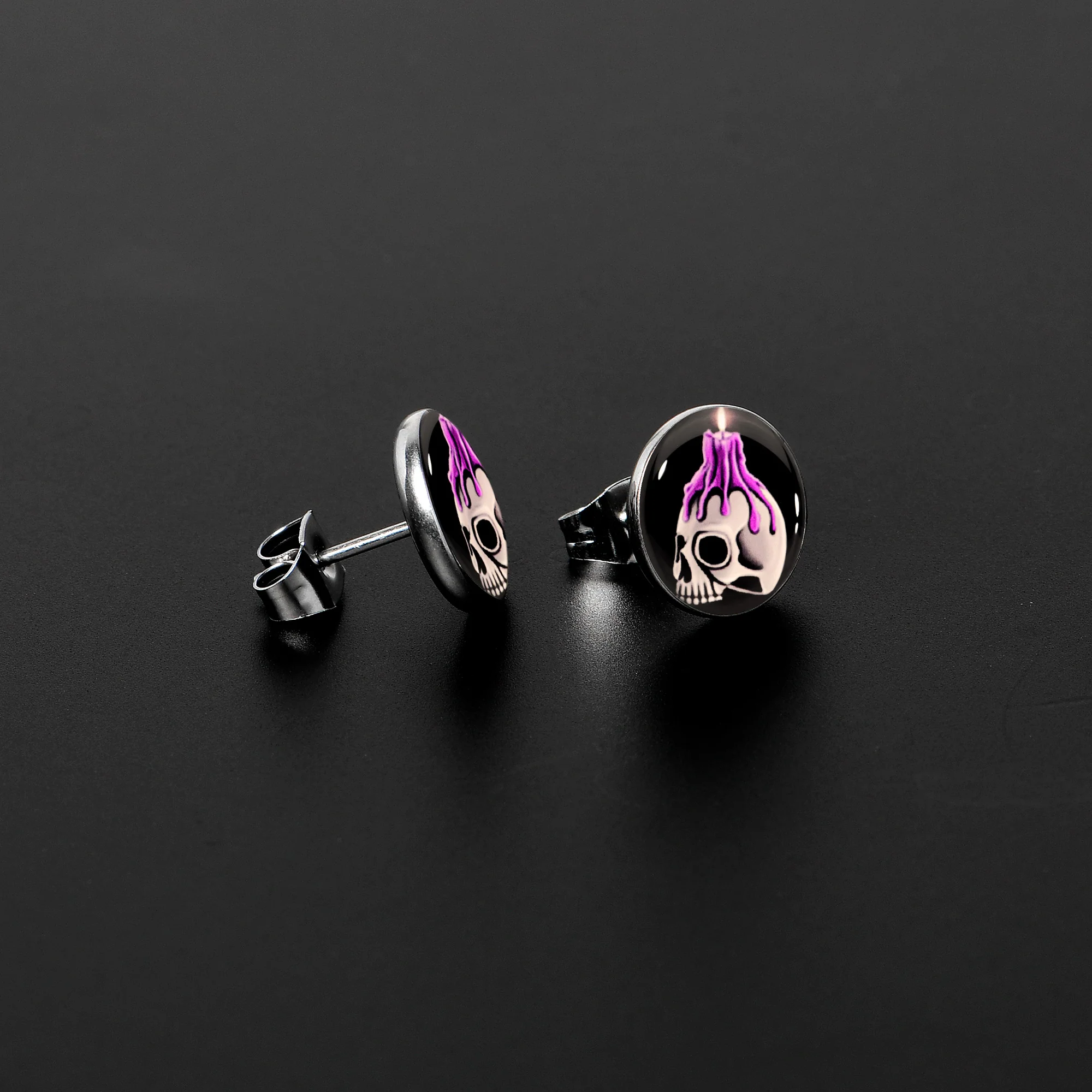 Burning Skull Candle Stud Earrings by Onyx O - Image 3