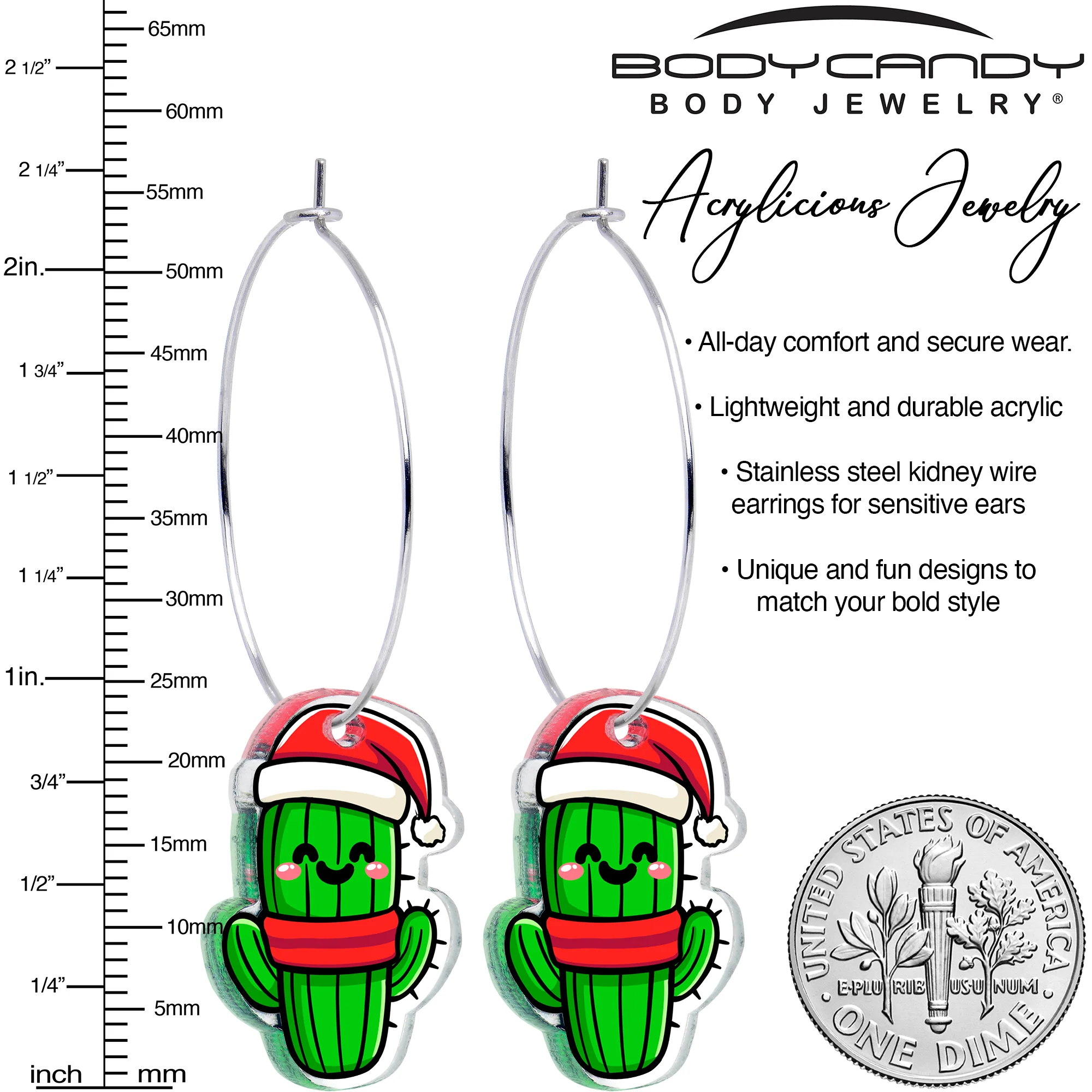 Christmas Cactus Dangle Holiday Hoop Earrings by Onyx O - Image 2