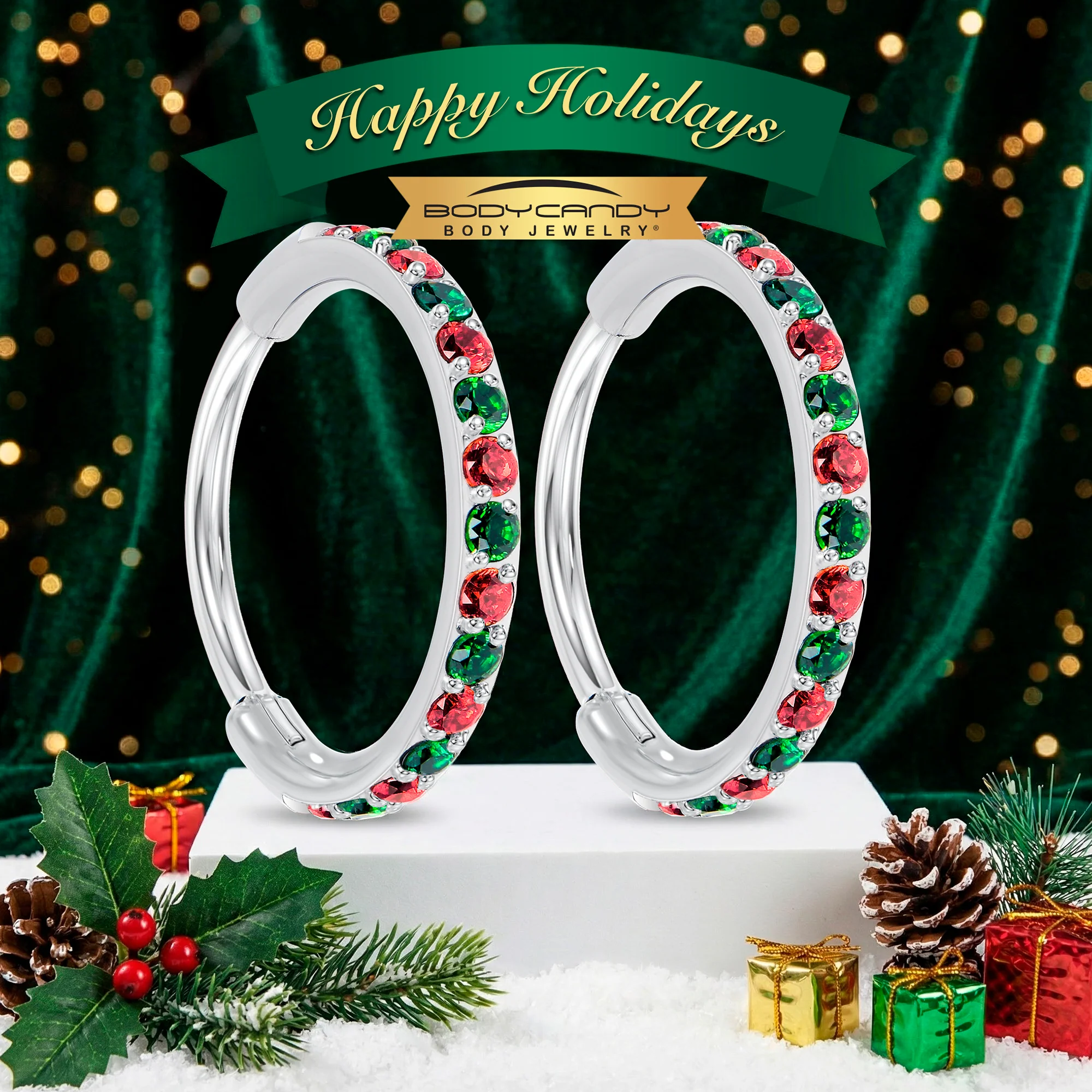 Christmas Red Green CZ Titanium Hinged Hoop Earrings - Image 7
