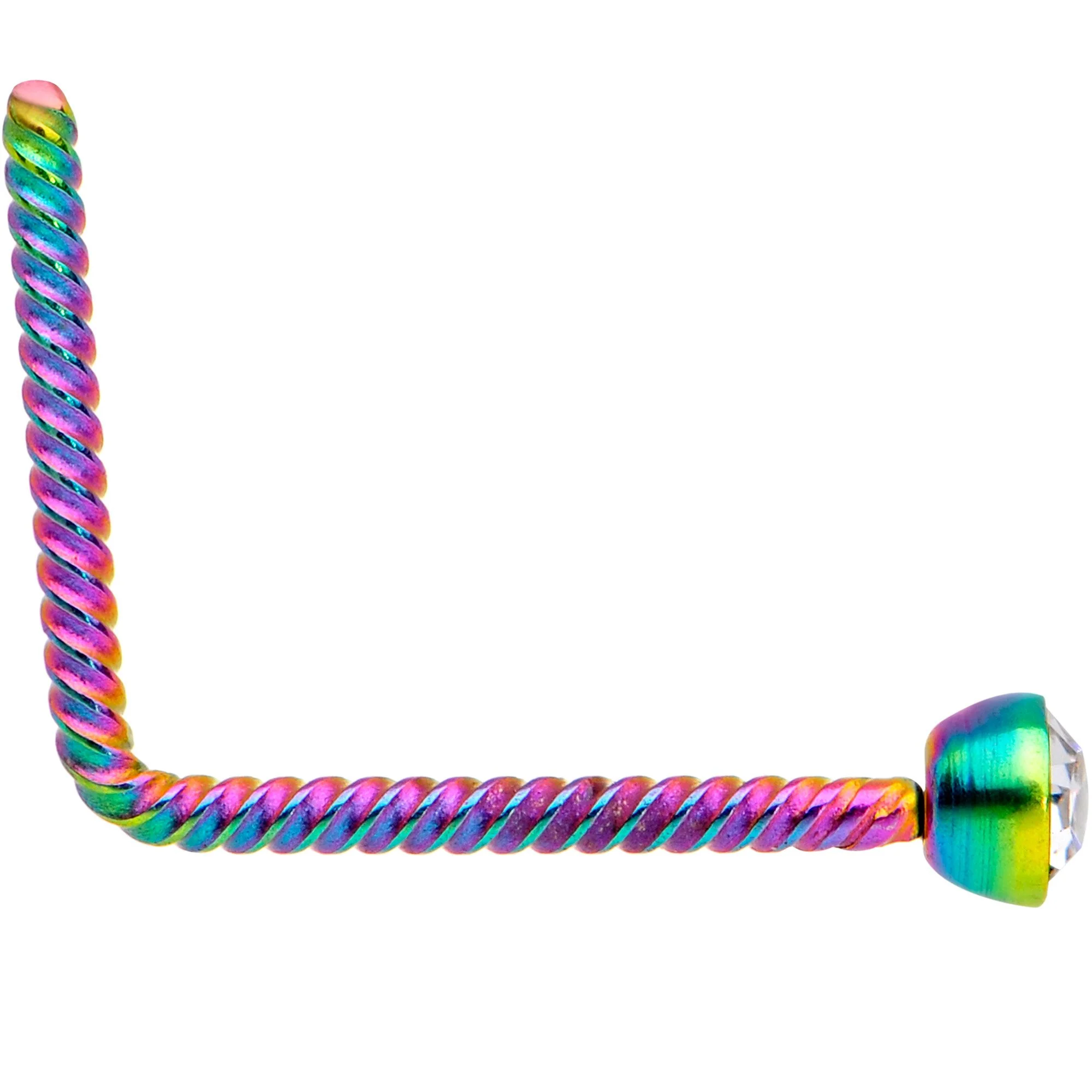 Clear 2mm Gem Inlay Rainbow IP So Twisted L Shaped Nose Ring - Image 2