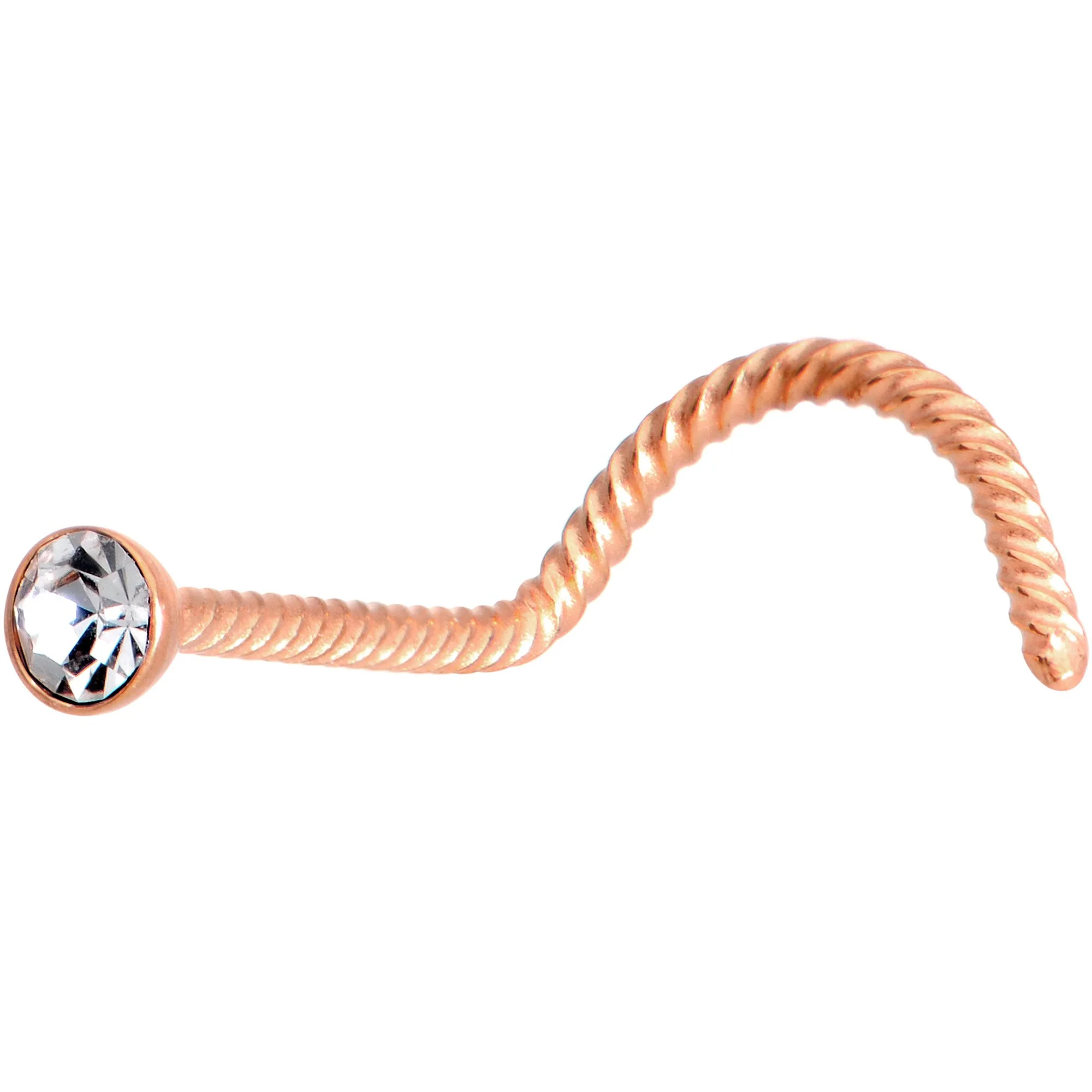 Clear 2mm Gem Inlay Rose Gold IP Twisted Left Nose Screw