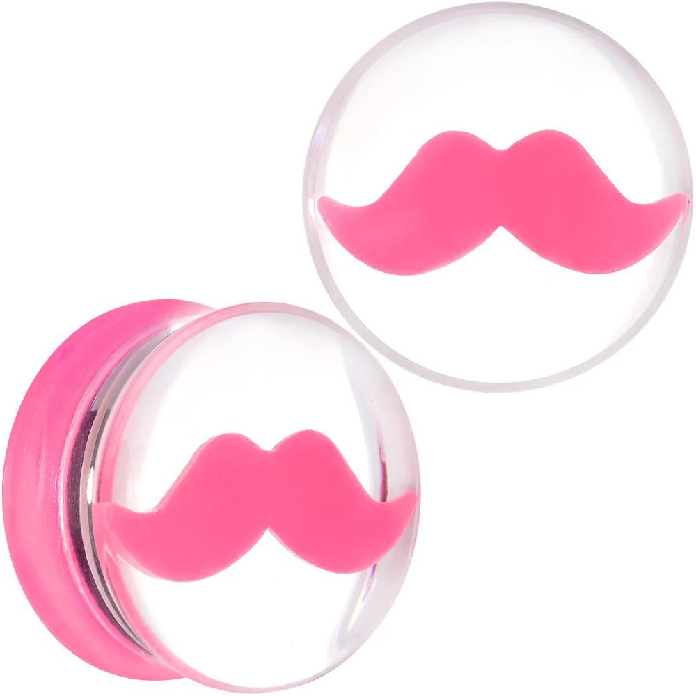 Clear Acrylic Pink Mustache Double Flare Saddle Plug Set 2G to 20mm - Image 10