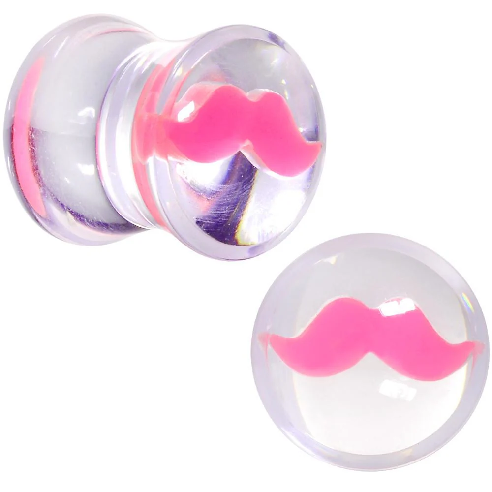 Clear Acrylic Pink Mustache Double Flare Saddle Plug Set 2G to 20mm - Image 4