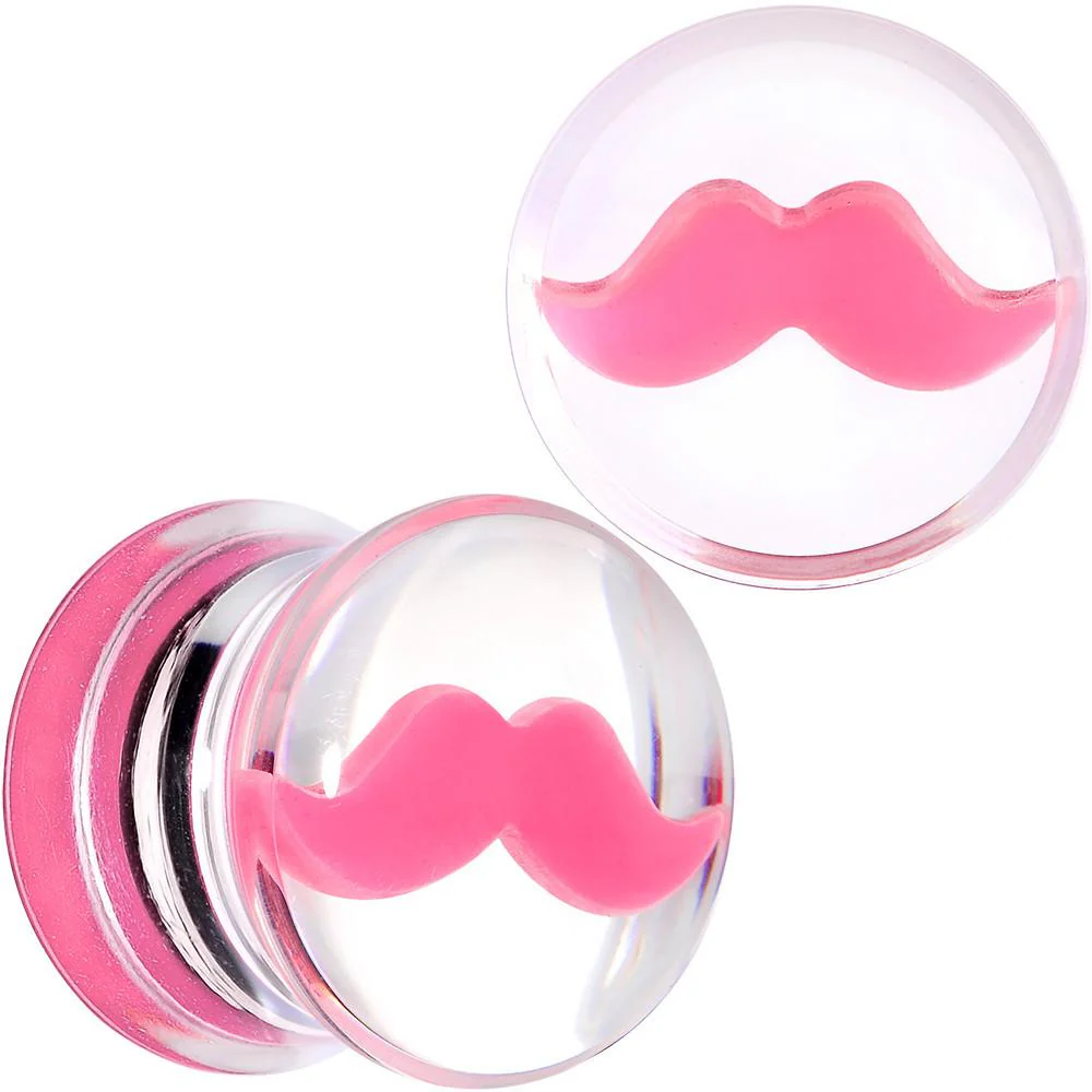 Clear Acrylic Pink Mustache Double Flare Saddle Plug Set 2G to 20mm - Image 6