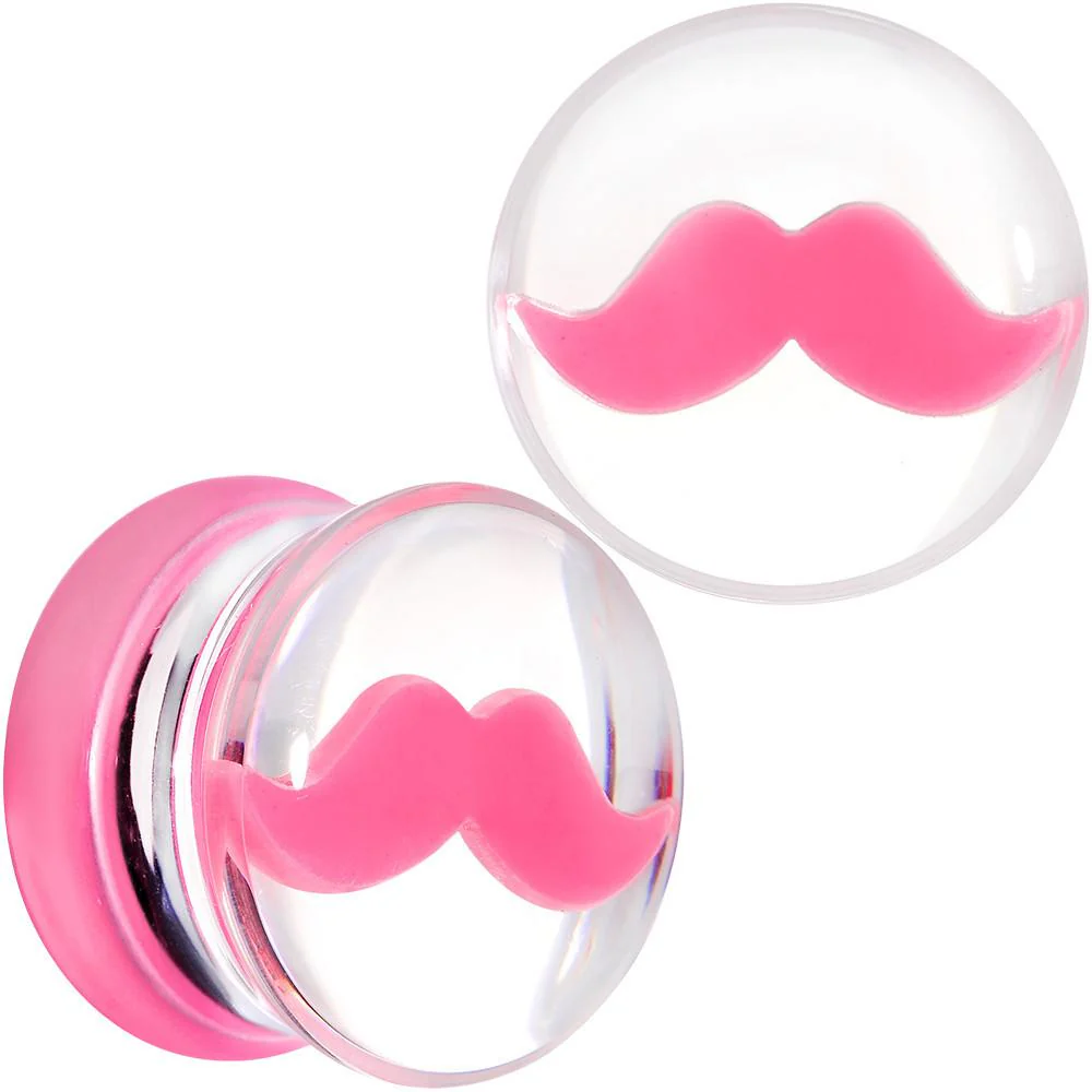 Clear Acrylic Pink Mustache Double Flare Saddle Plug Set 2G to 20mm - Image 8