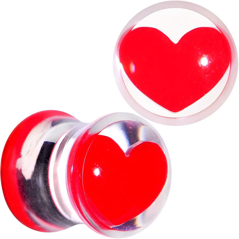 Clear Acrylic Red Heart Double Flare Saddle Plug Set 2G to 20mm - Image 3