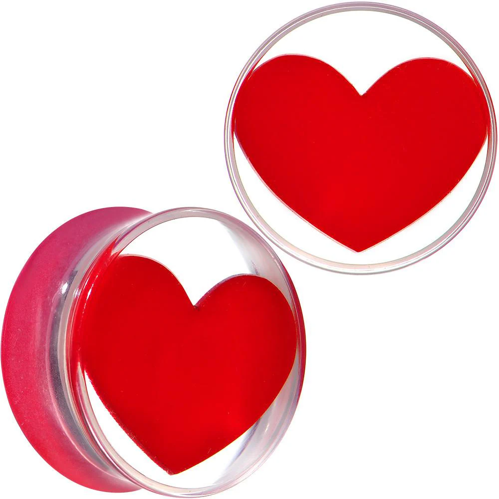 Clear Acrylic Red Heart Double Flare Saddle Plug Set 2G to 20mm - Image 9