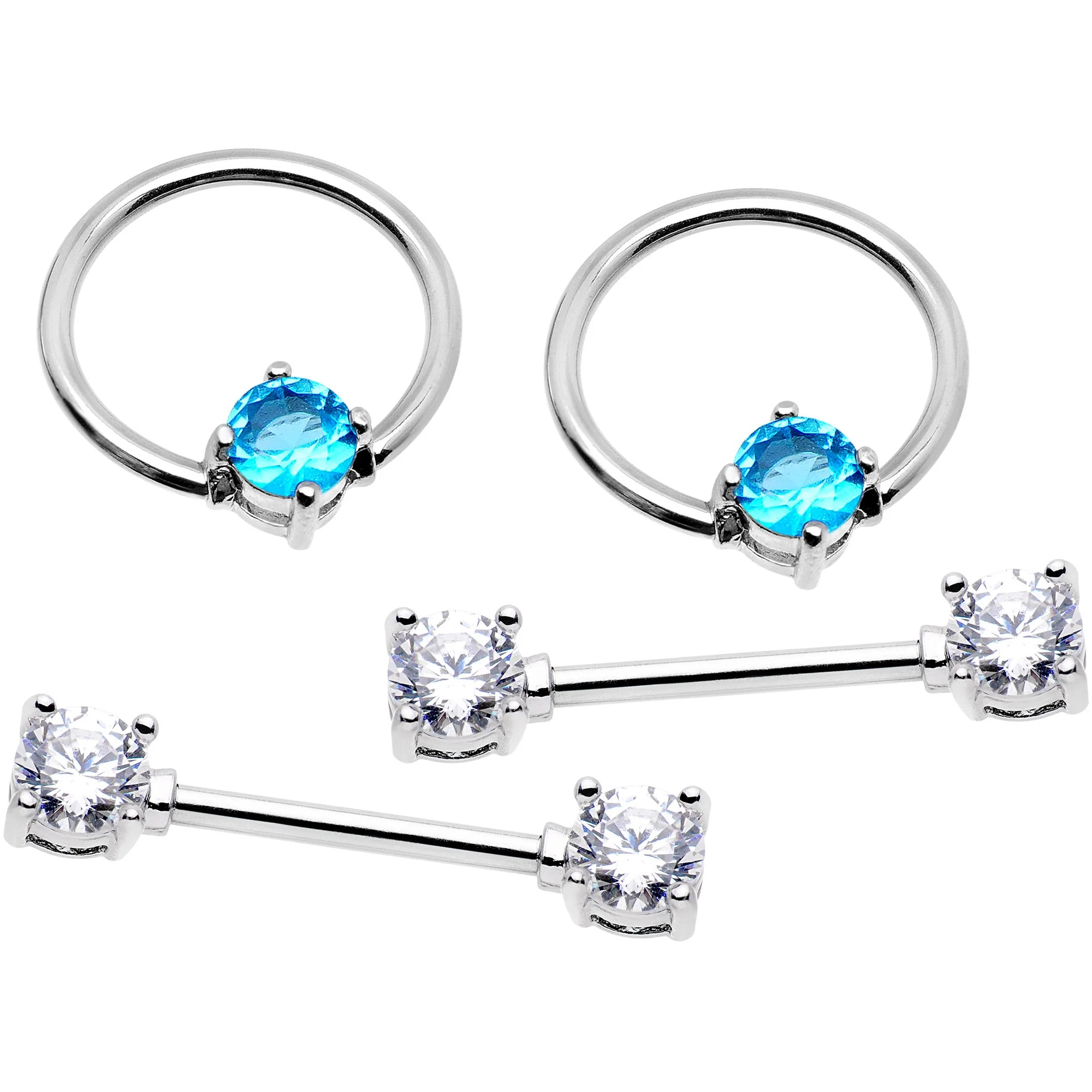 14G 5/8 Clear Aqua Gem Captive Ring Barbell Nipple Ring Set - Image 2