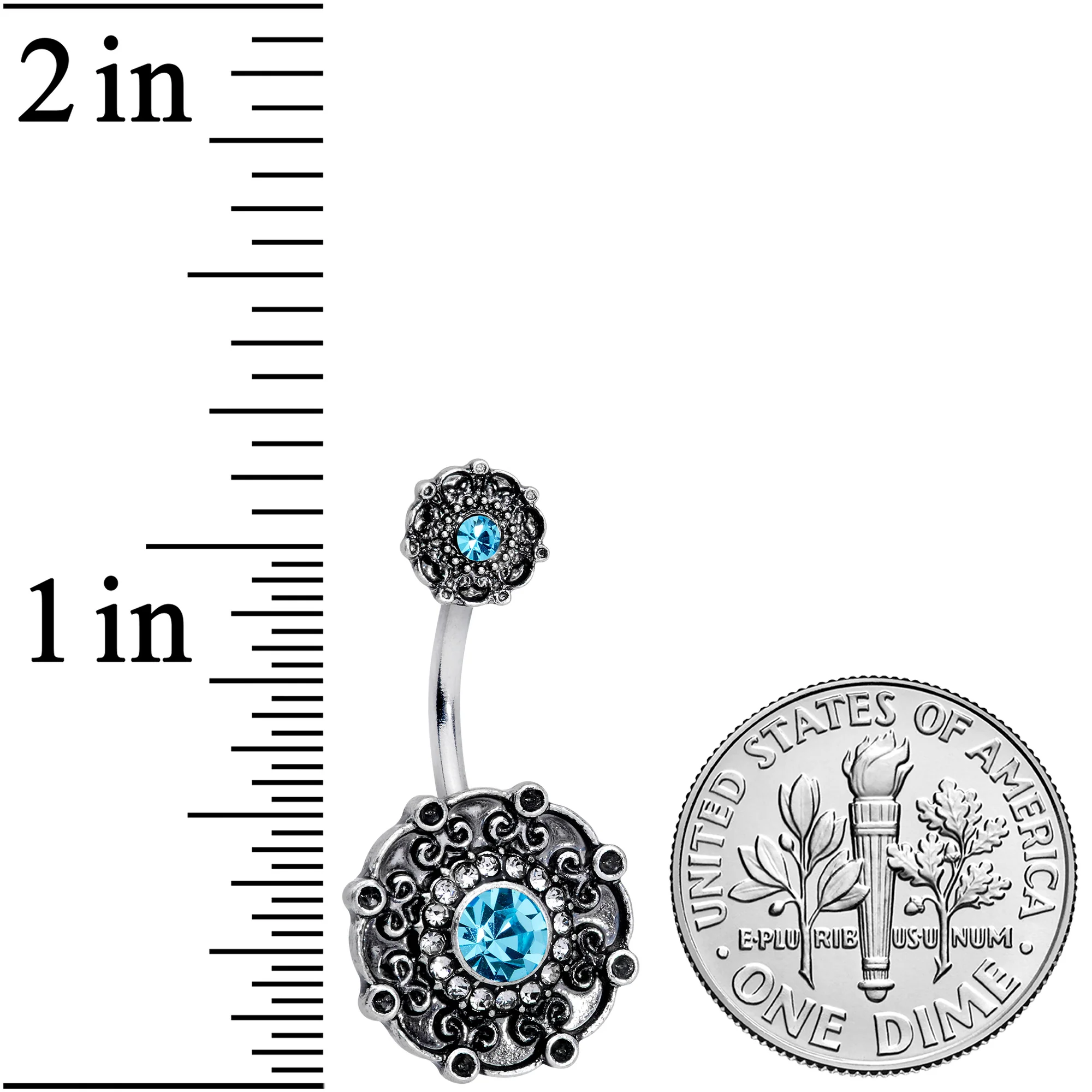 Clear Aqua Gem Floral Emblem Double Mount Belly Ring - Image 2