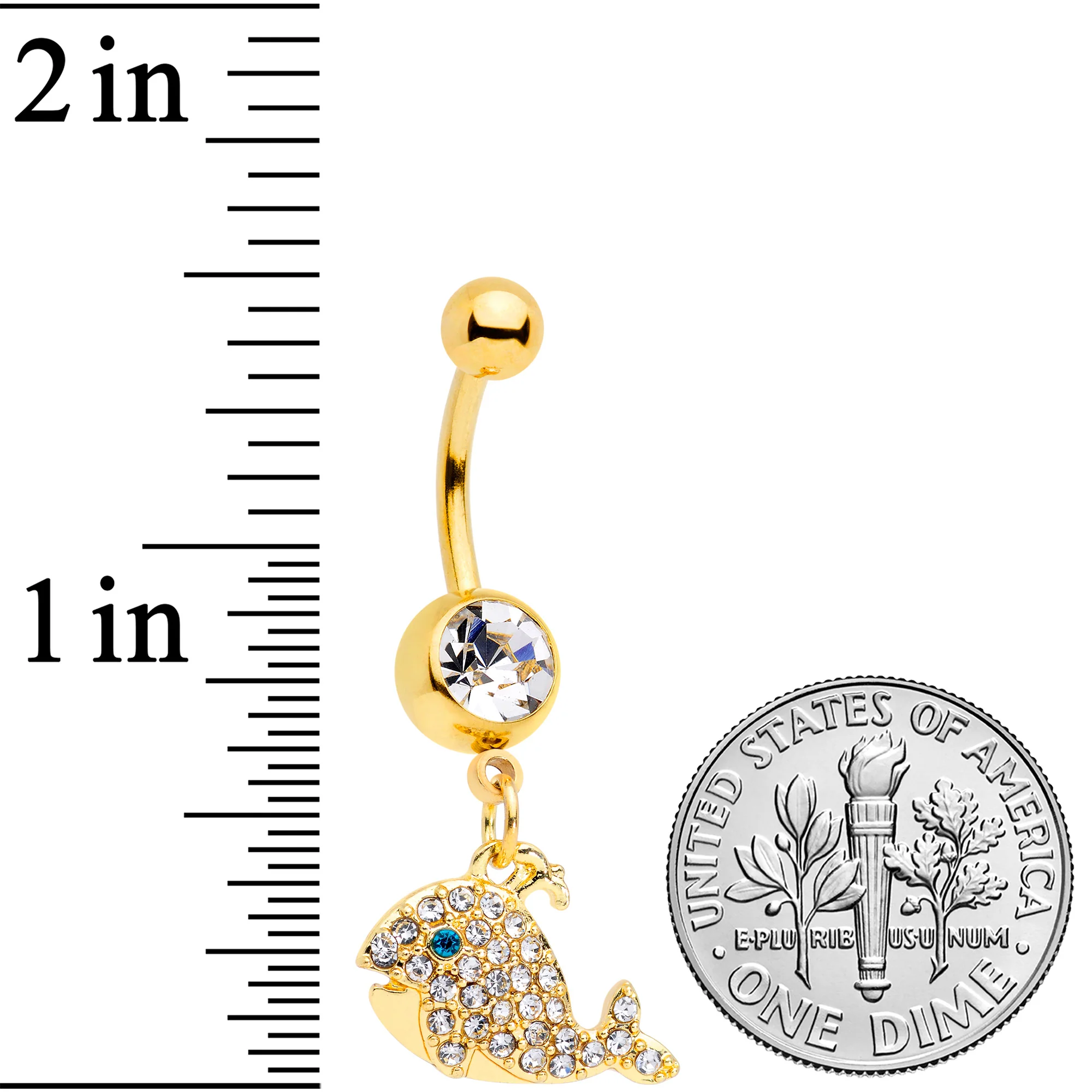 Clear Aqua Gem Gold Tone Whale Dangle Belly Ring - Image 2