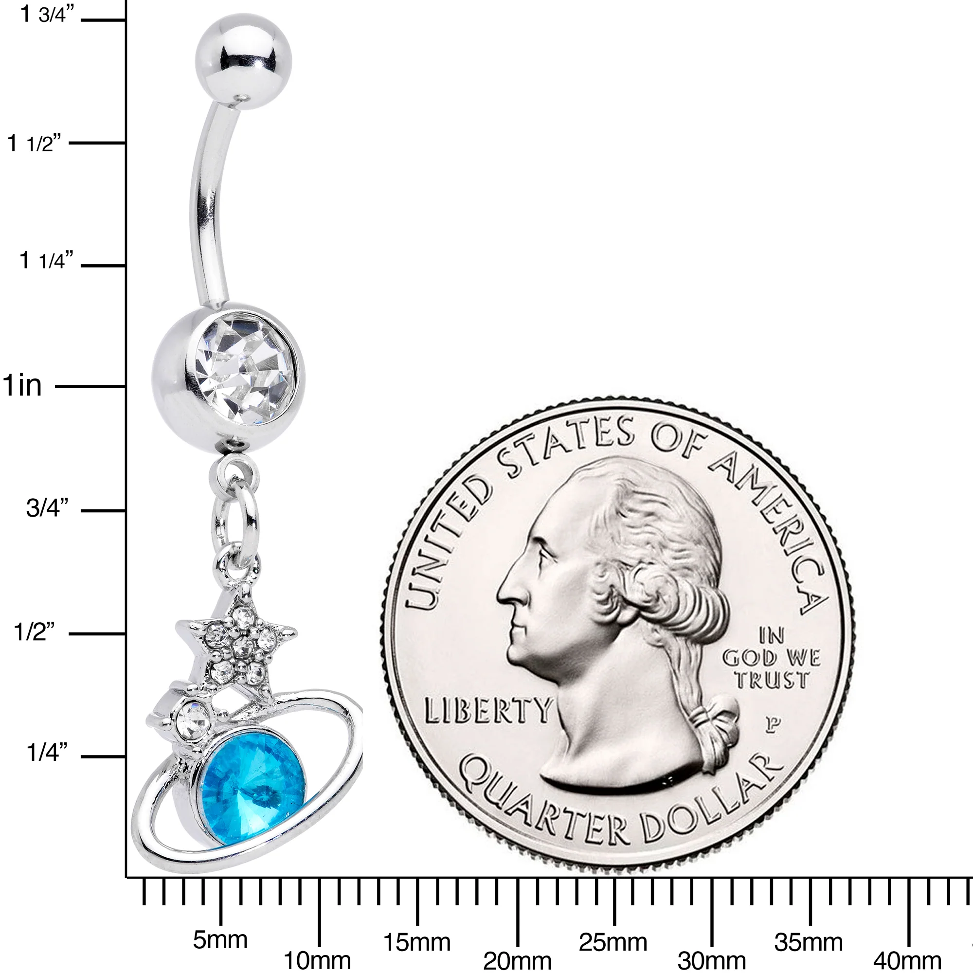 Clear Aqua Gem Saturn Stars Dangle Belly Ring - Image 2