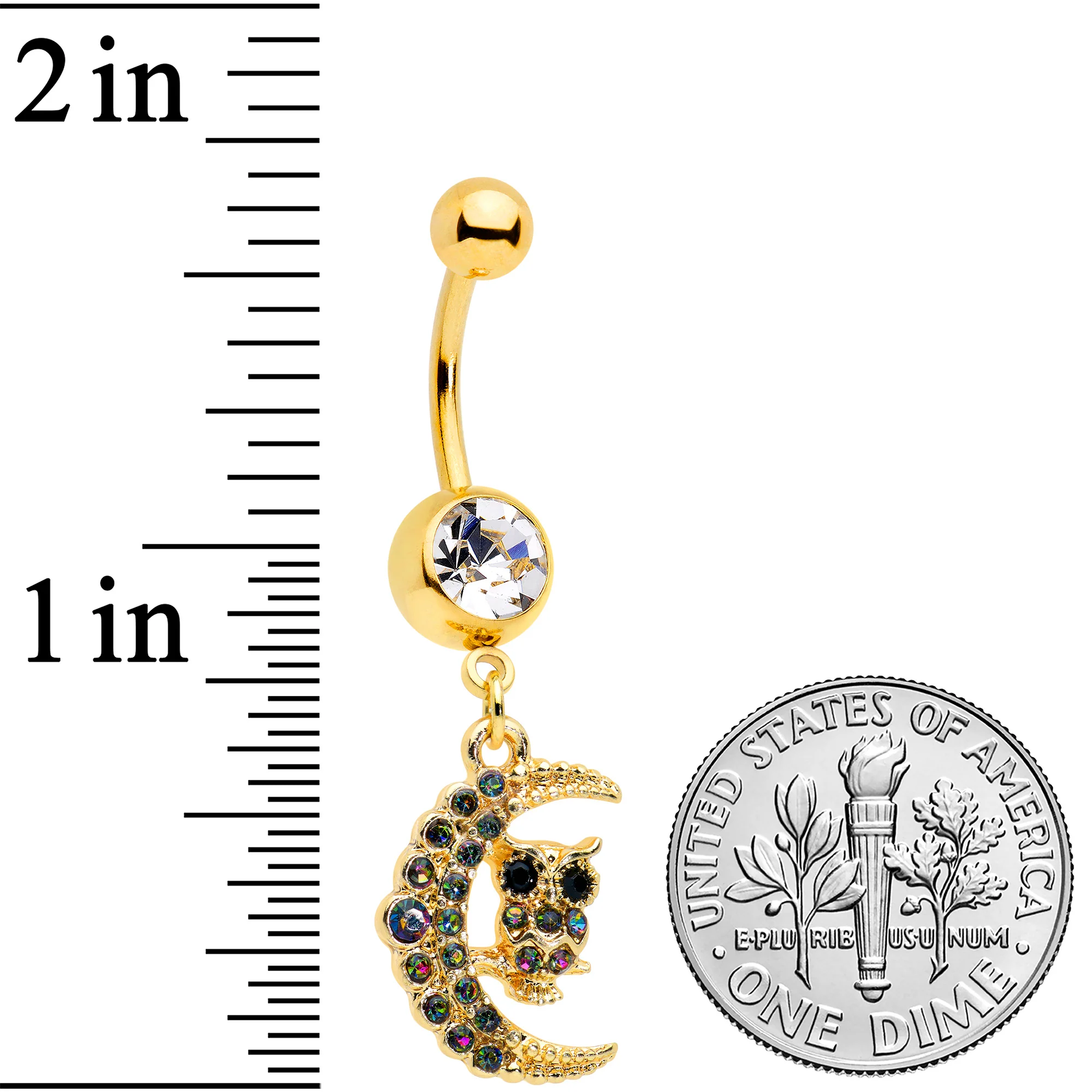Clear Aurora Black Gem Gold Tone Owl Moon Dangle Belly Ring - Image 2