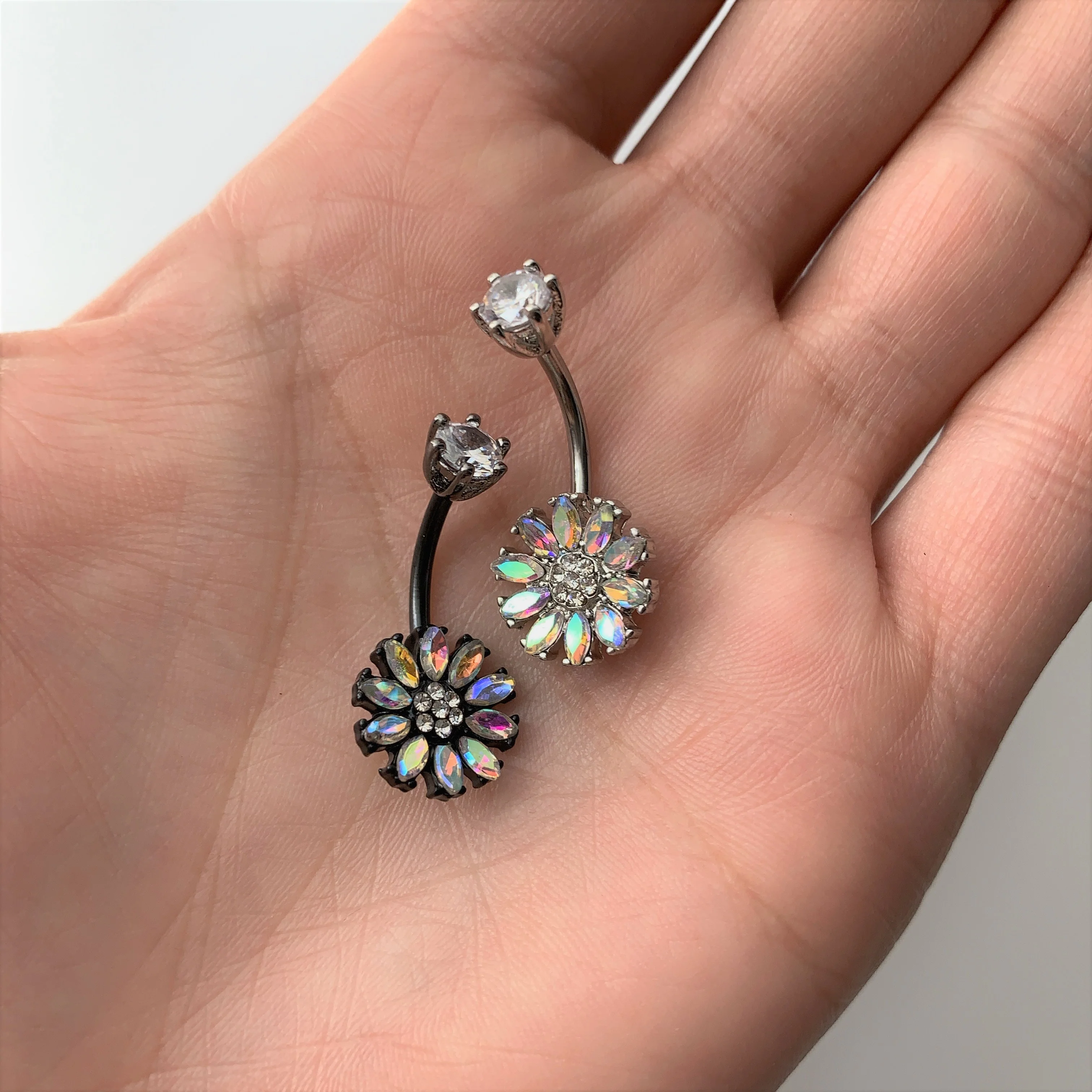 Clear Aurora CZ Gem Flower Belly Ring - Image 3