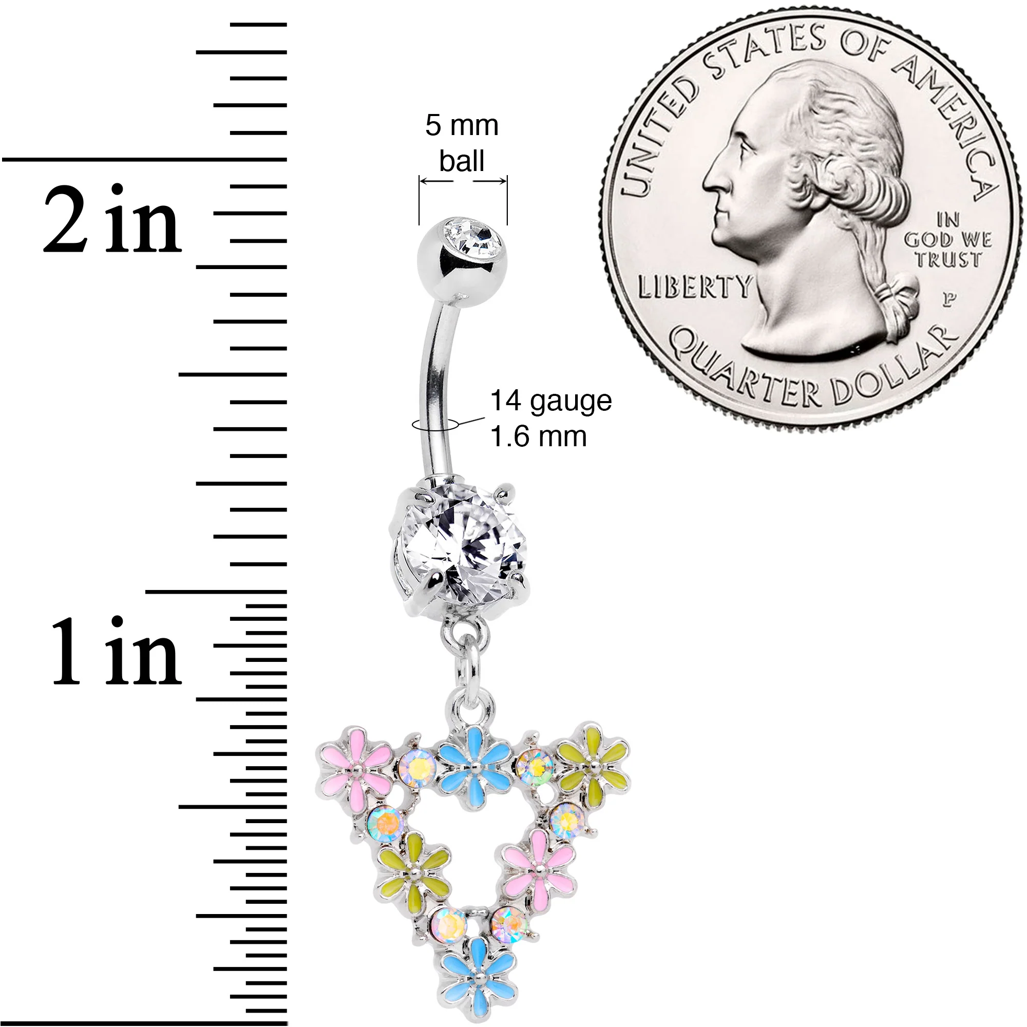 Clear Aurora CZ Gem Flower Triangle Dangle Belly Ring - Image 2