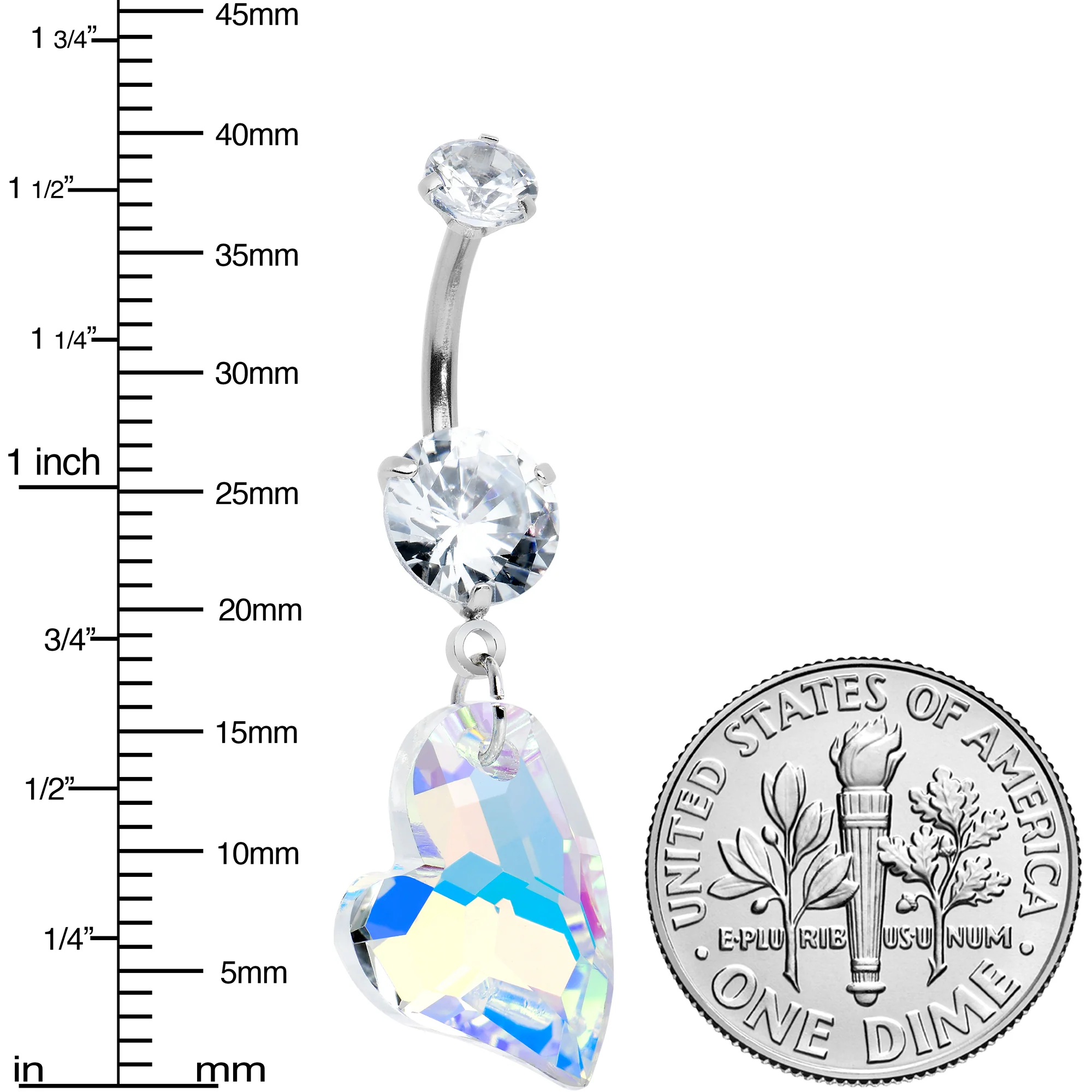 Clear Aurora CZ Gem Triple Glam Heart Valentines Day Dangle Belly Ring - Image 2