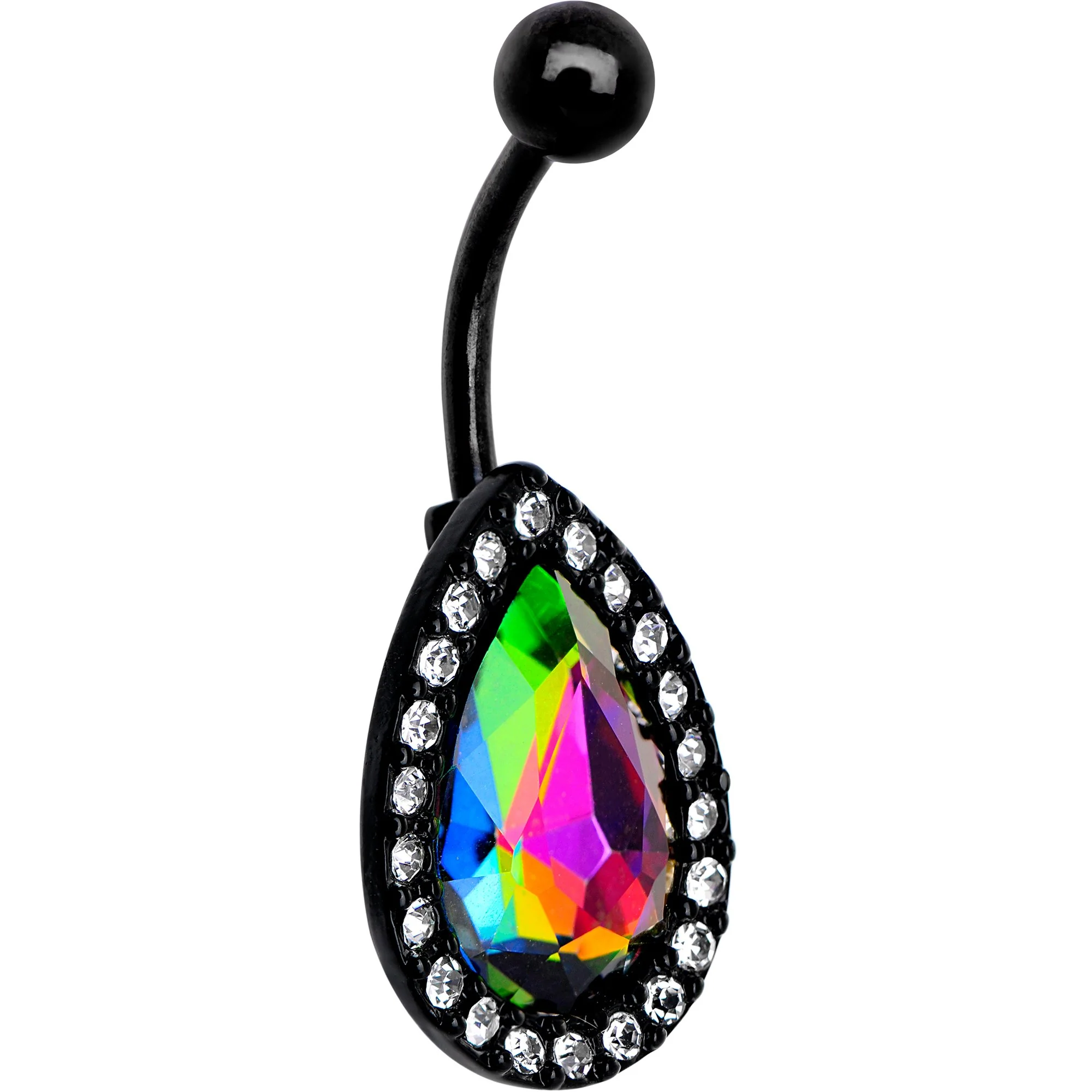 Clear Aurora Gem Black Anodized Teardrop Mirror Belly Ring - Image 3