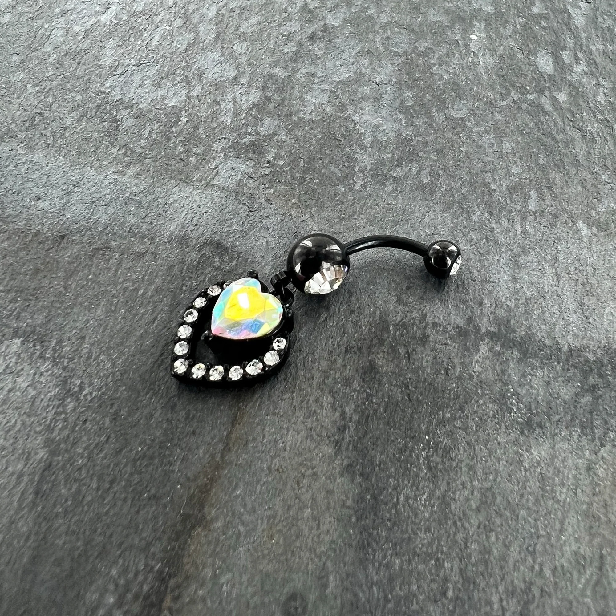 Clear Aurora Gem Black Rococo Heart Dangle Belly Ring - Image 2