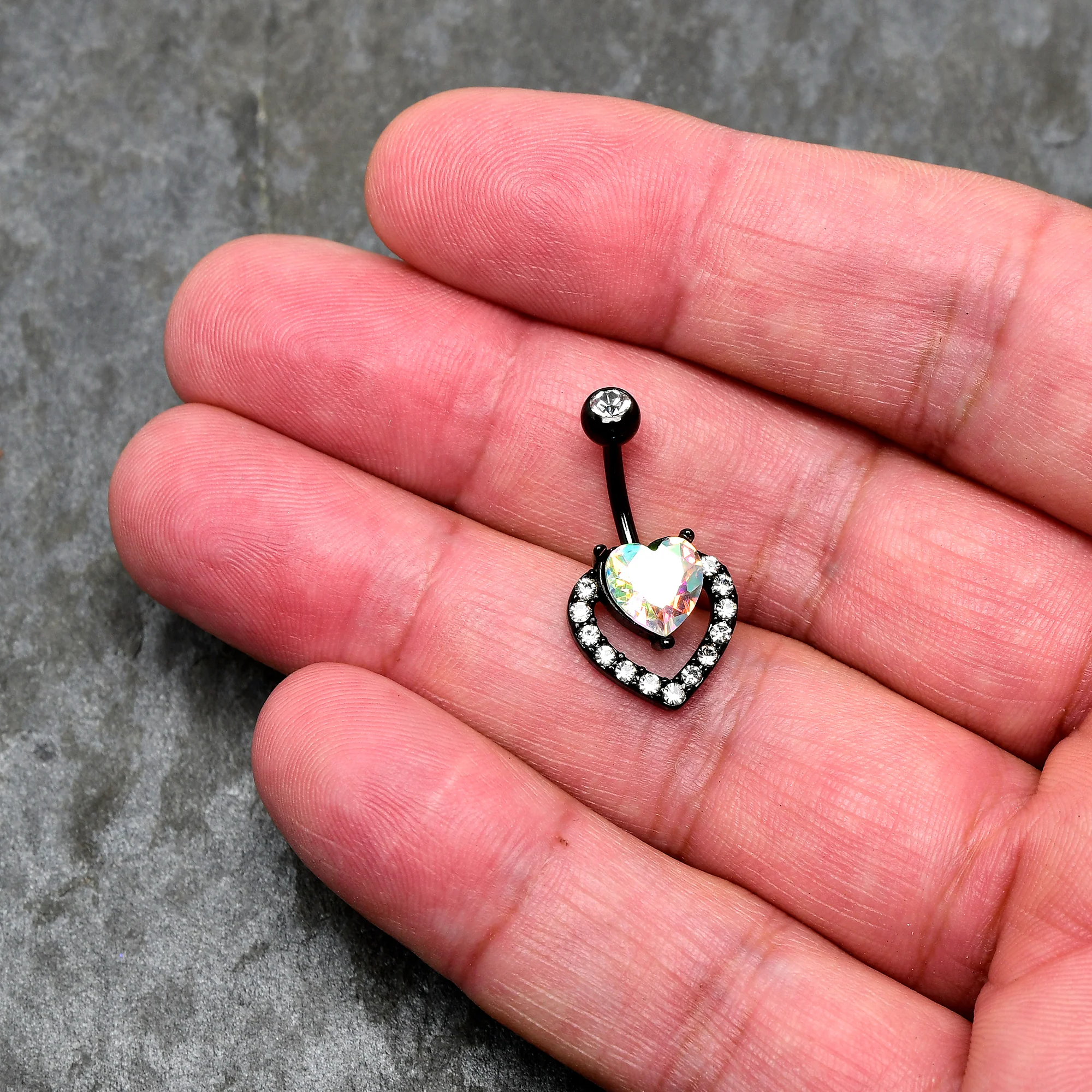 Clear Aurora Gem Black Rococo Hearts Belly Ring - Image 2