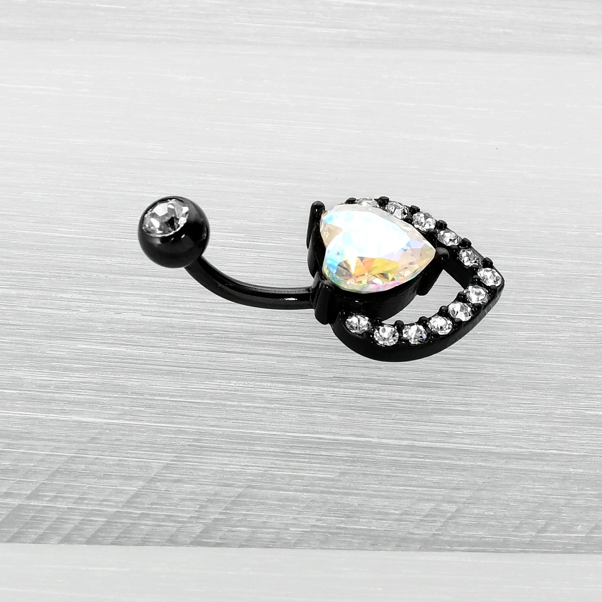 Clear Aurora Gem Black Rococo Hearts Belly Ring - Image 5