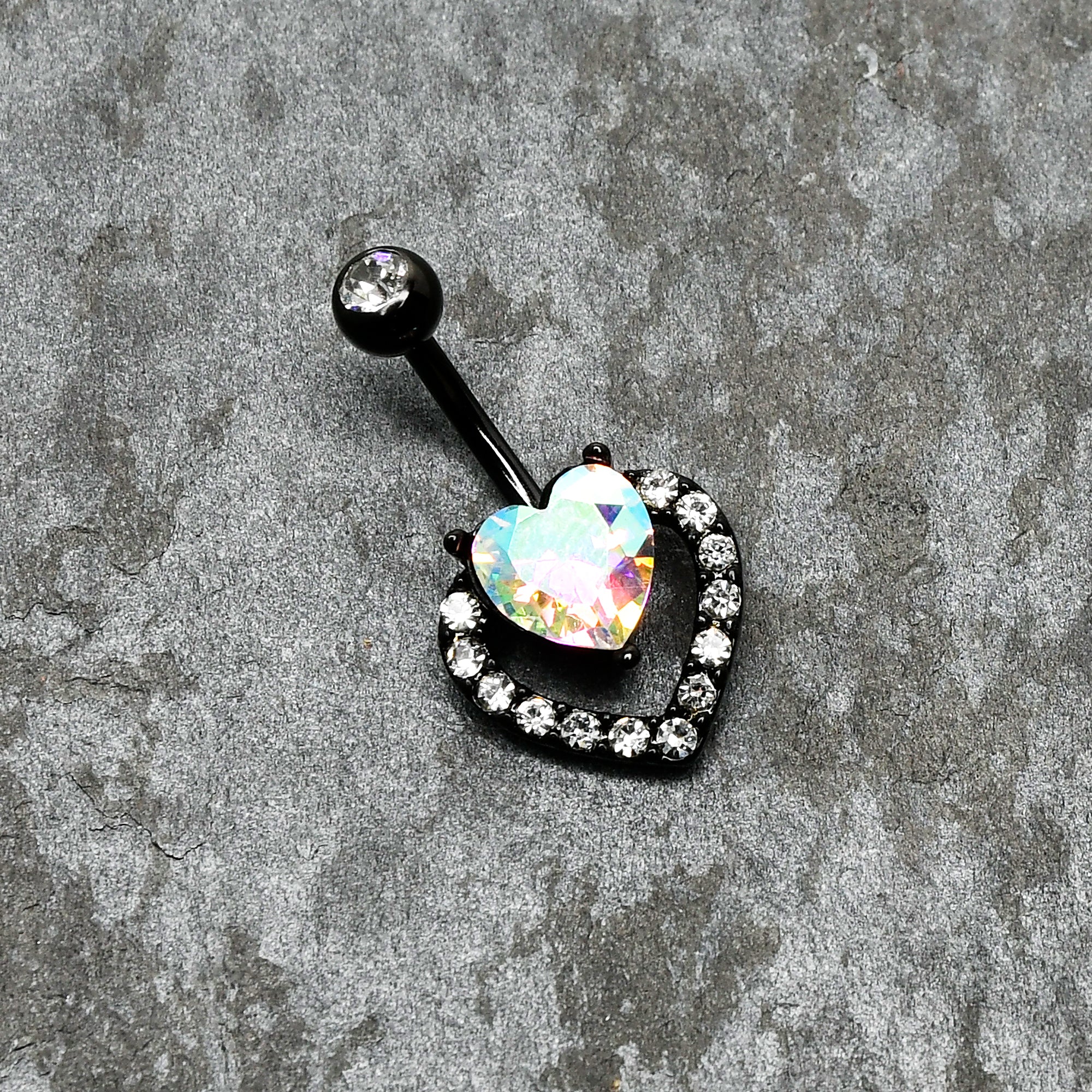 Clear Aurora Gem Black Rococo Hearts Belly Ring - Image 6