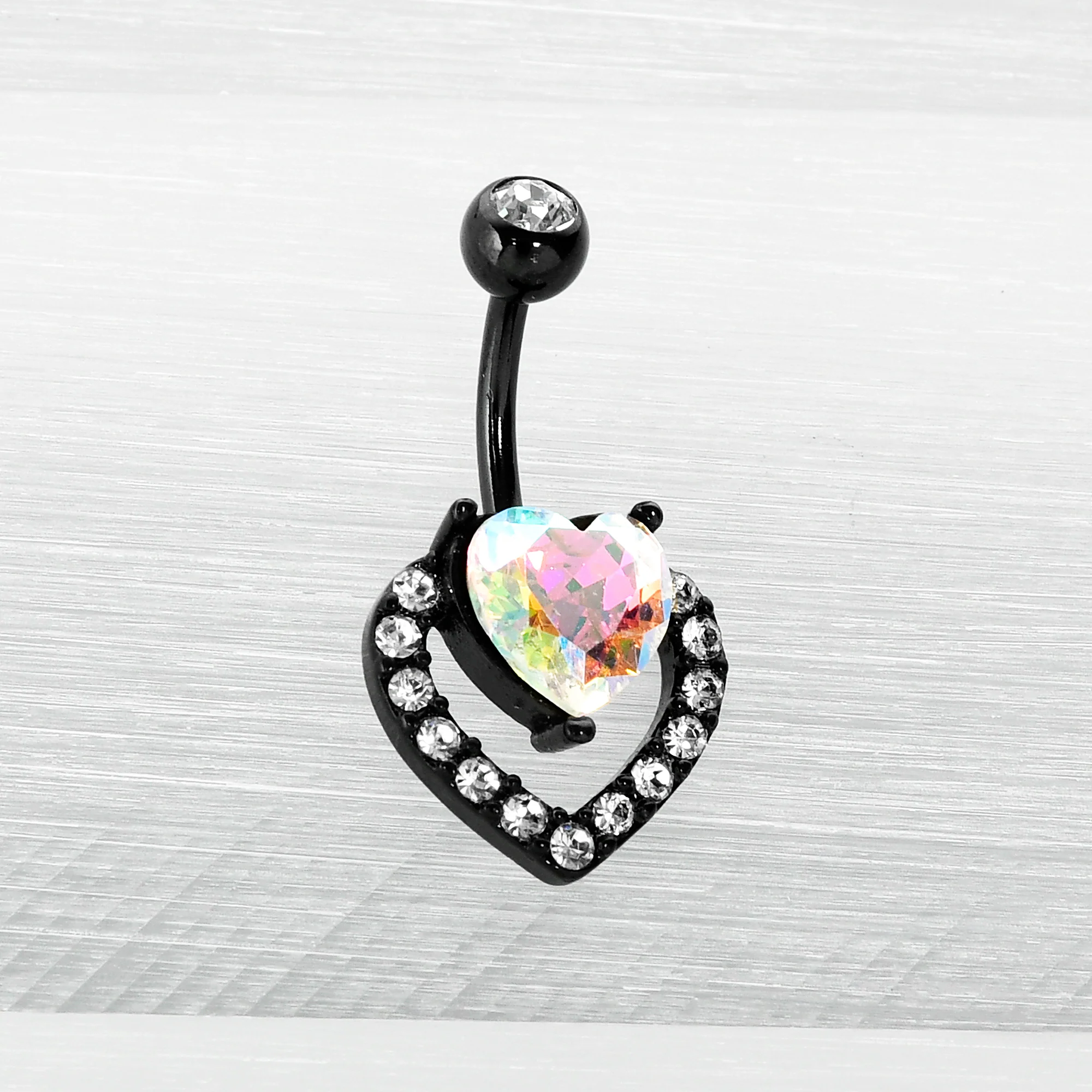 Clear Aurora Gem Black Rococo Hearts Belly Ring - Image 7
