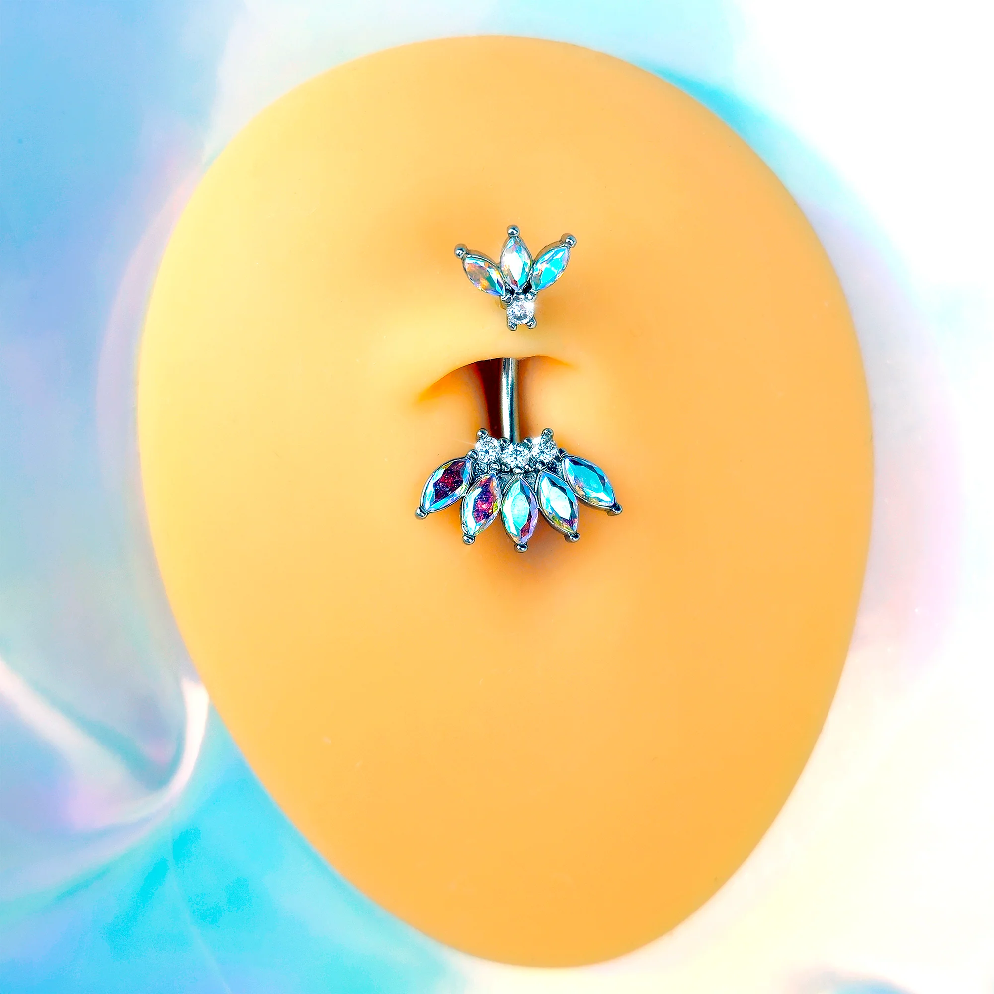 Clear Aurora Gem Fashion Fan Double Mount Belly Ring - Image 2