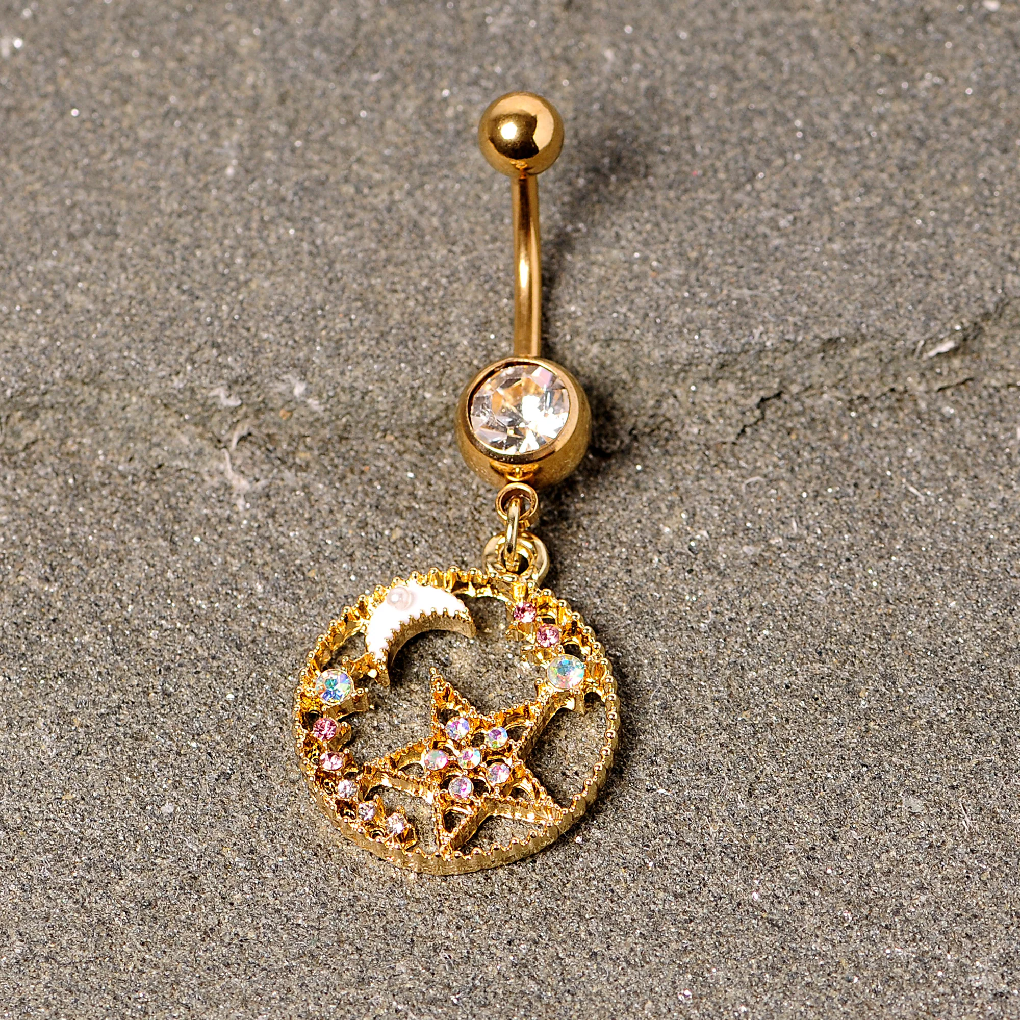 Clear Aurora Gem Gold Tone Circle Star Moon Dangle Belly Ring - Image 2