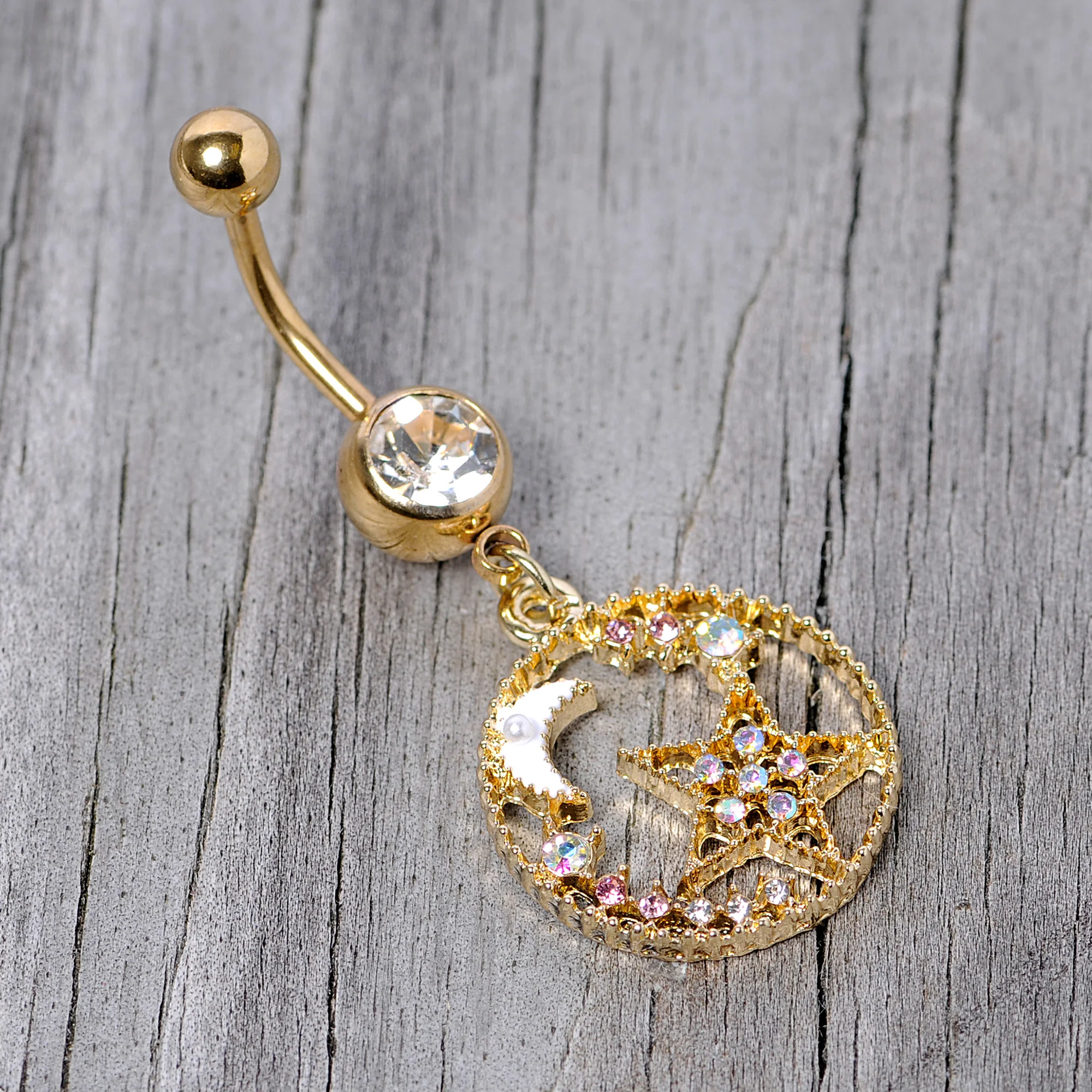 Clear Aurora Gem Gold Tone Circle Star Moon Dangle Belly Ring - Image 3