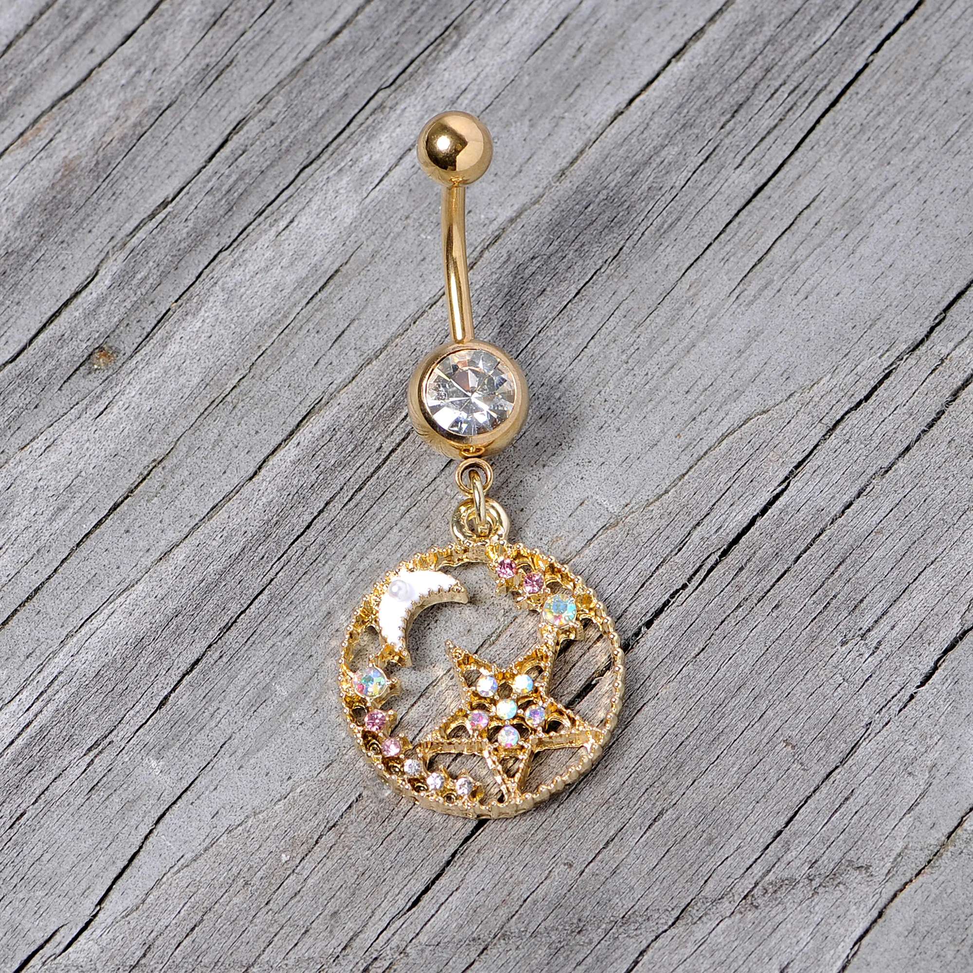 Clear Aurora Gem Gold Tone Circle Star Moon Dangle Belly Ring - Image 4