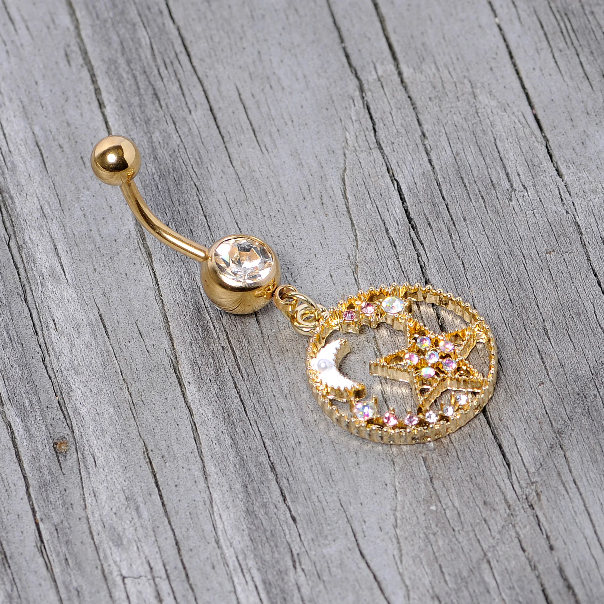 Clear Aurora Gem Gold Tone Circle Star Moon Dangle Belly Ring - Image 5