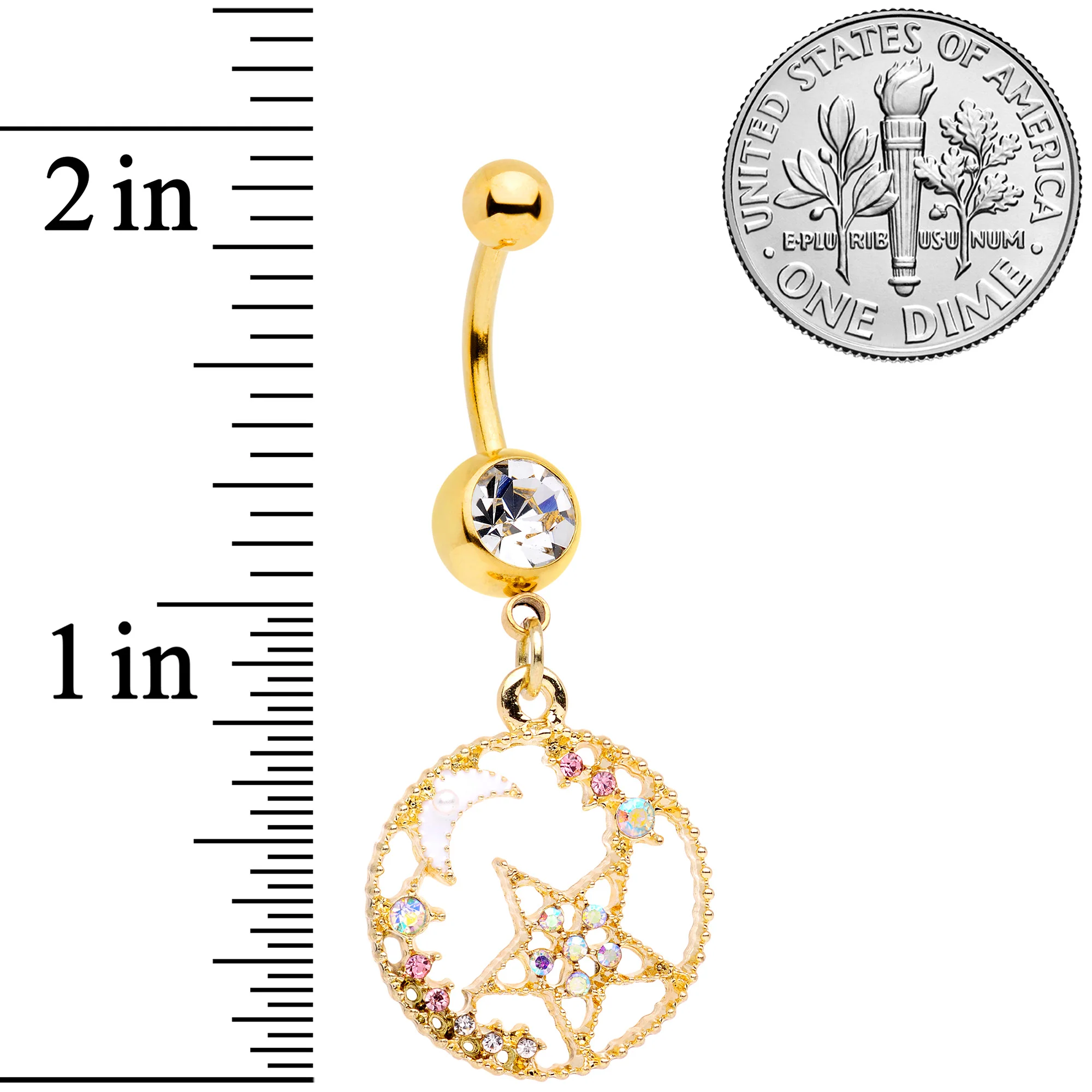 Clear Aurora Gem Gold Tone Circle Star Moon Dangle Belly Ring - Image 6