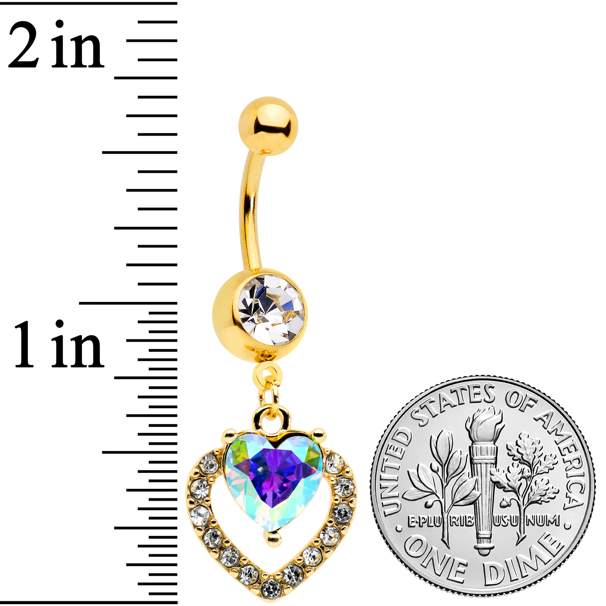 Clear Aurora Gem Gold Tone Rococo Heart Dangle Belly Ring - Image 2