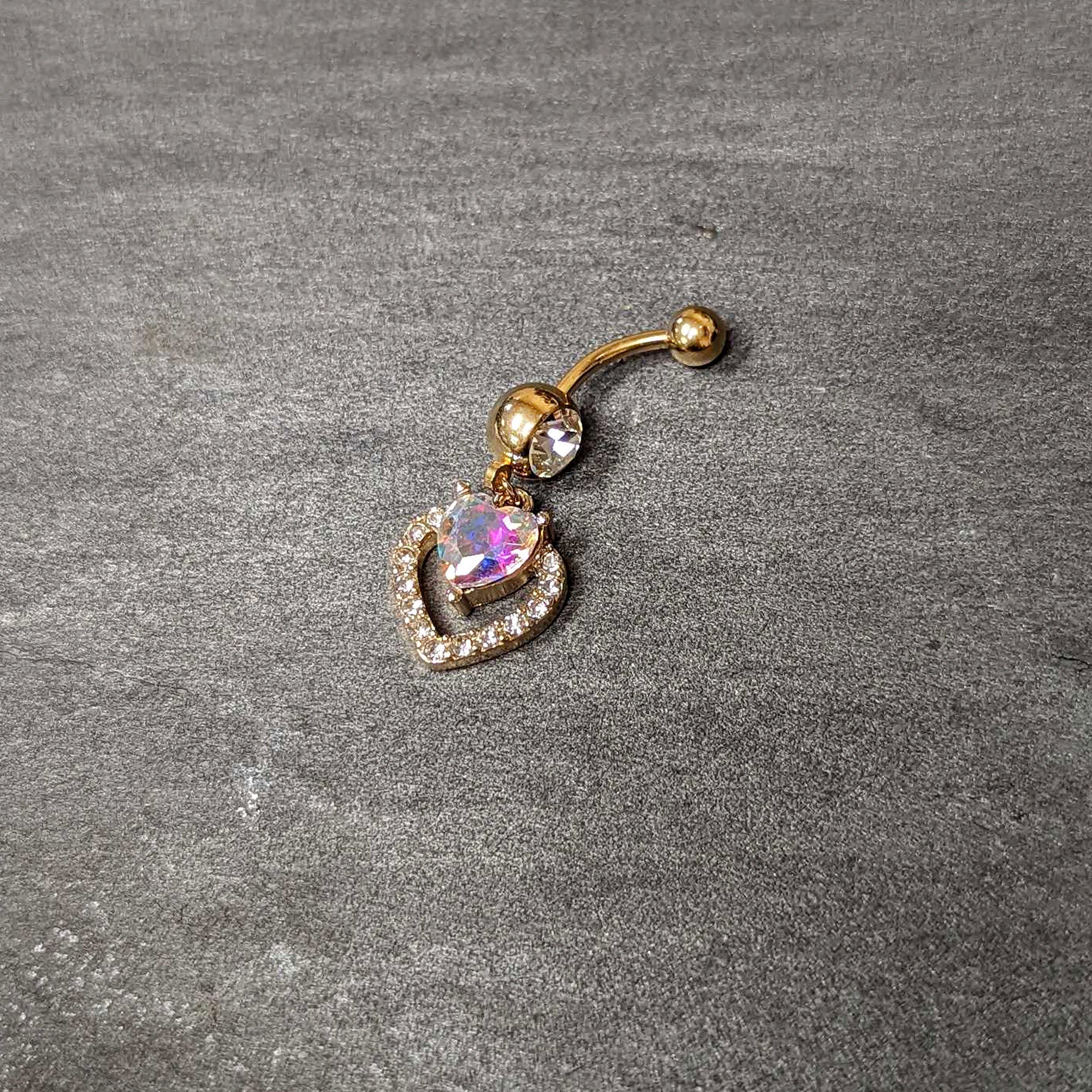 Clear Aurora Gem Gold Tone Rococo Heart Dangle Belly Ring - Image 5
