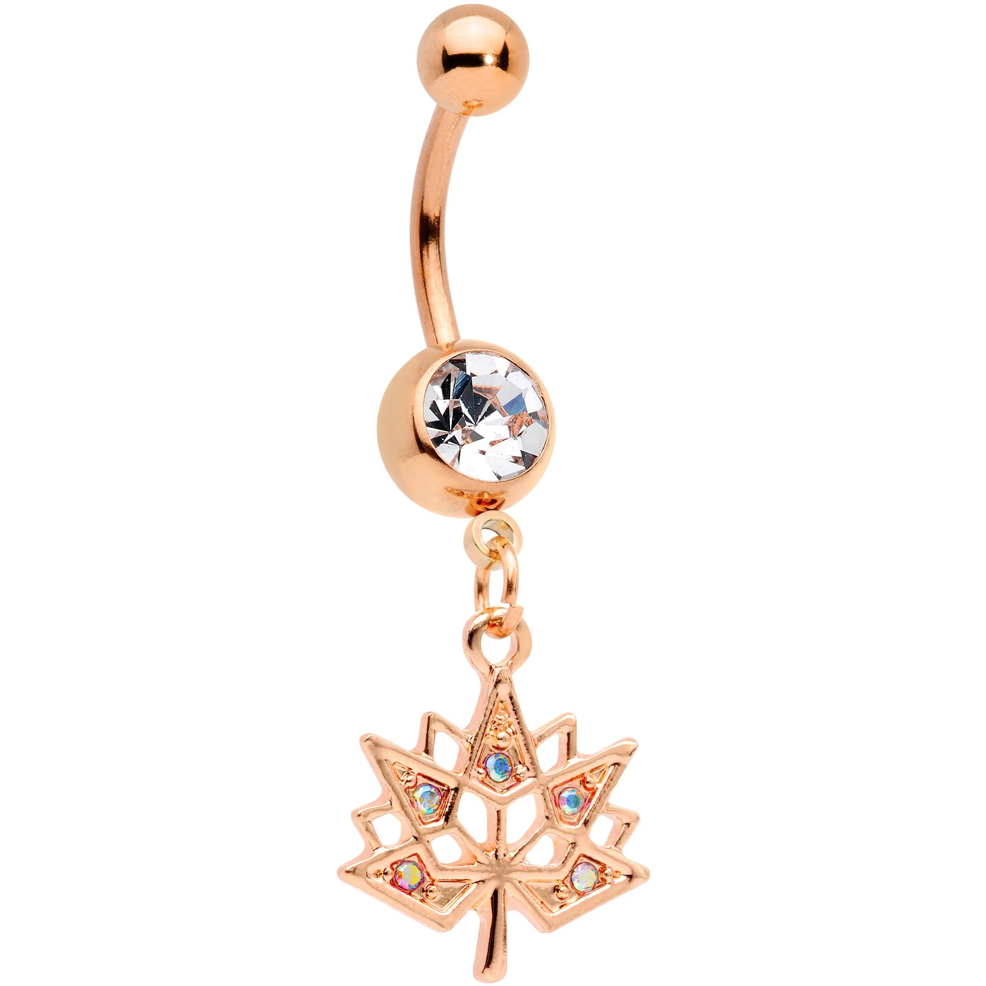Clear Aurora Gem Rose Gold Tone Maple Leaf Dangle Belly Ring Set of 4 - Image 5