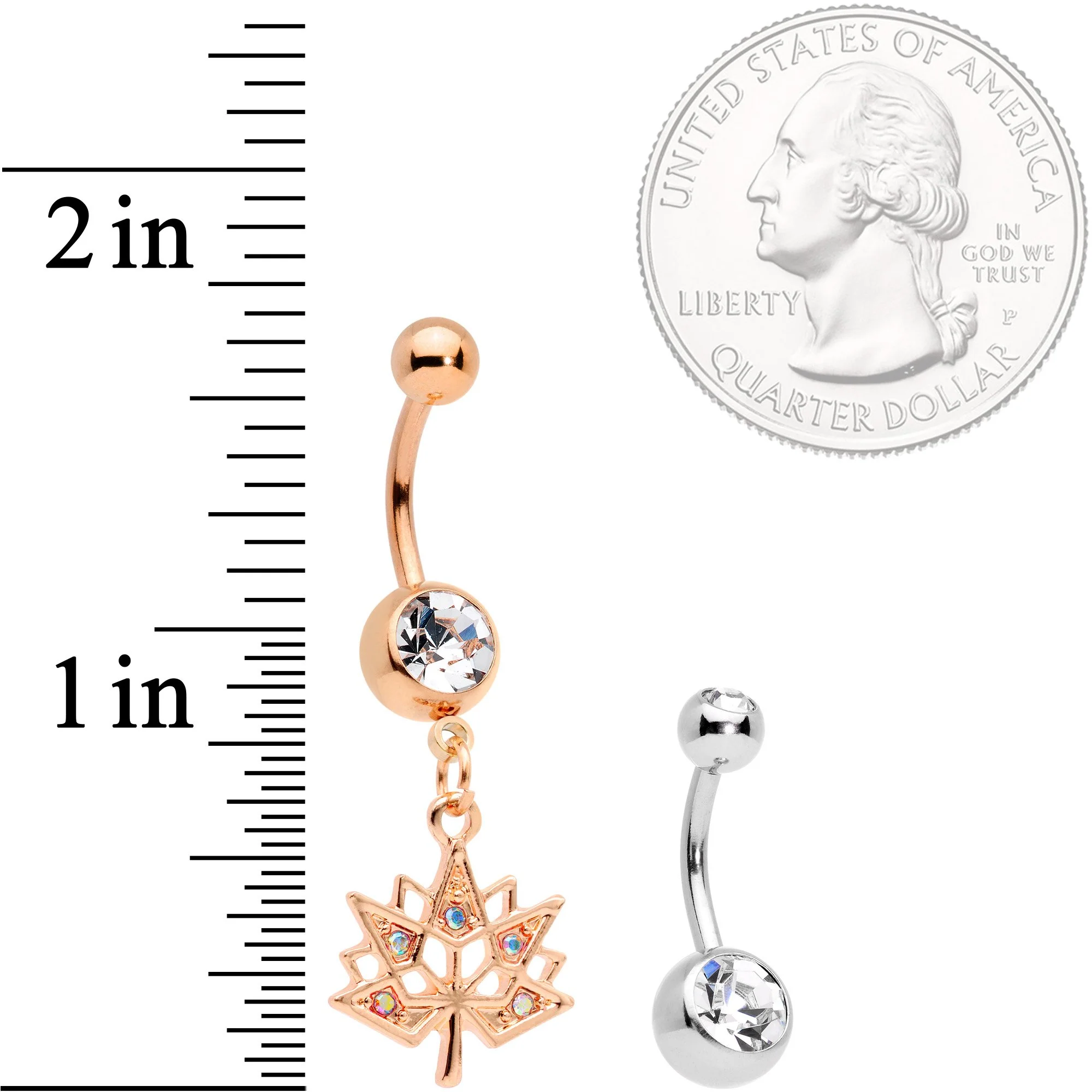 Clear Aurora Gem Rose Gold Tone Maple Leaf Dangle Belly Ring Set of 4 - Image 6
