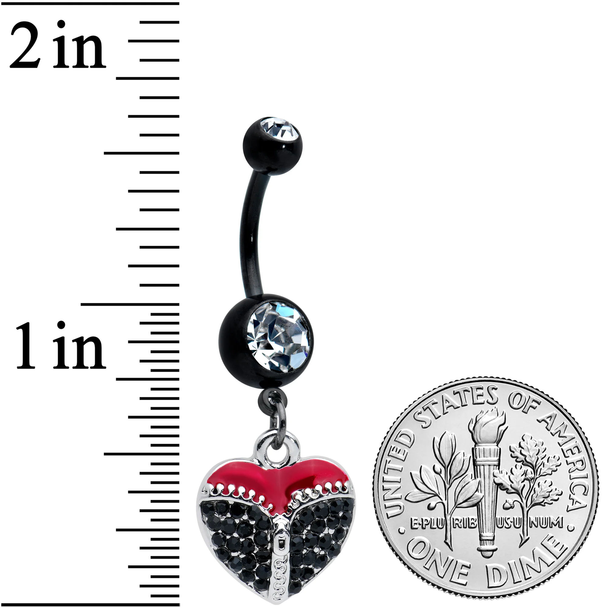 Clear Black CZ Gem Black Get Unzipped Heart Valentines Day Belly Ring - Image 2