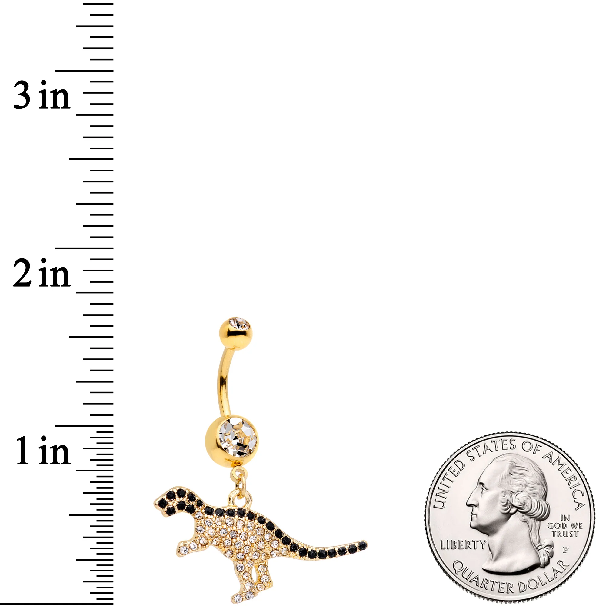 Clear Black Gem Gold Tone Decadent Dinosaur Dangle Belly Ring - Image 2