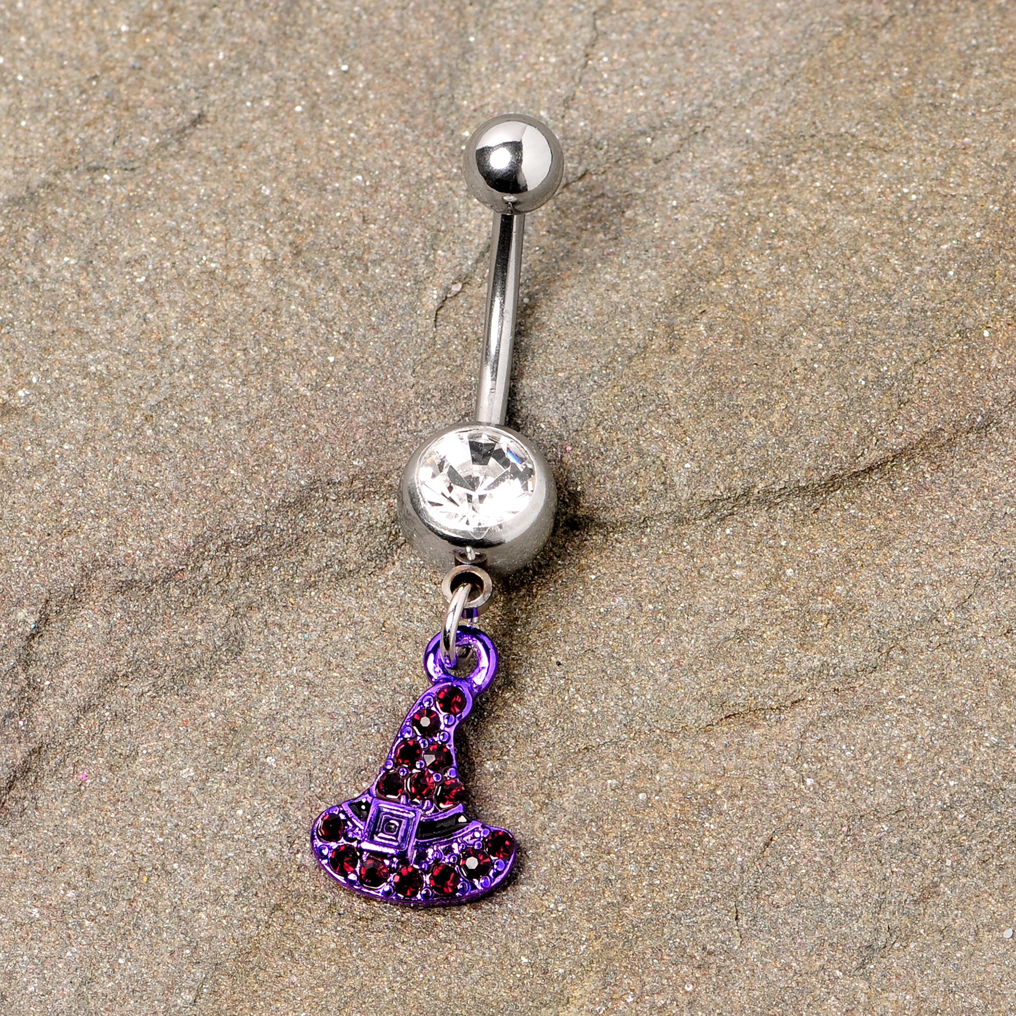 Clear Black Gem Purple Witch Hat Halloween Dangle Belly Ring - Image 2