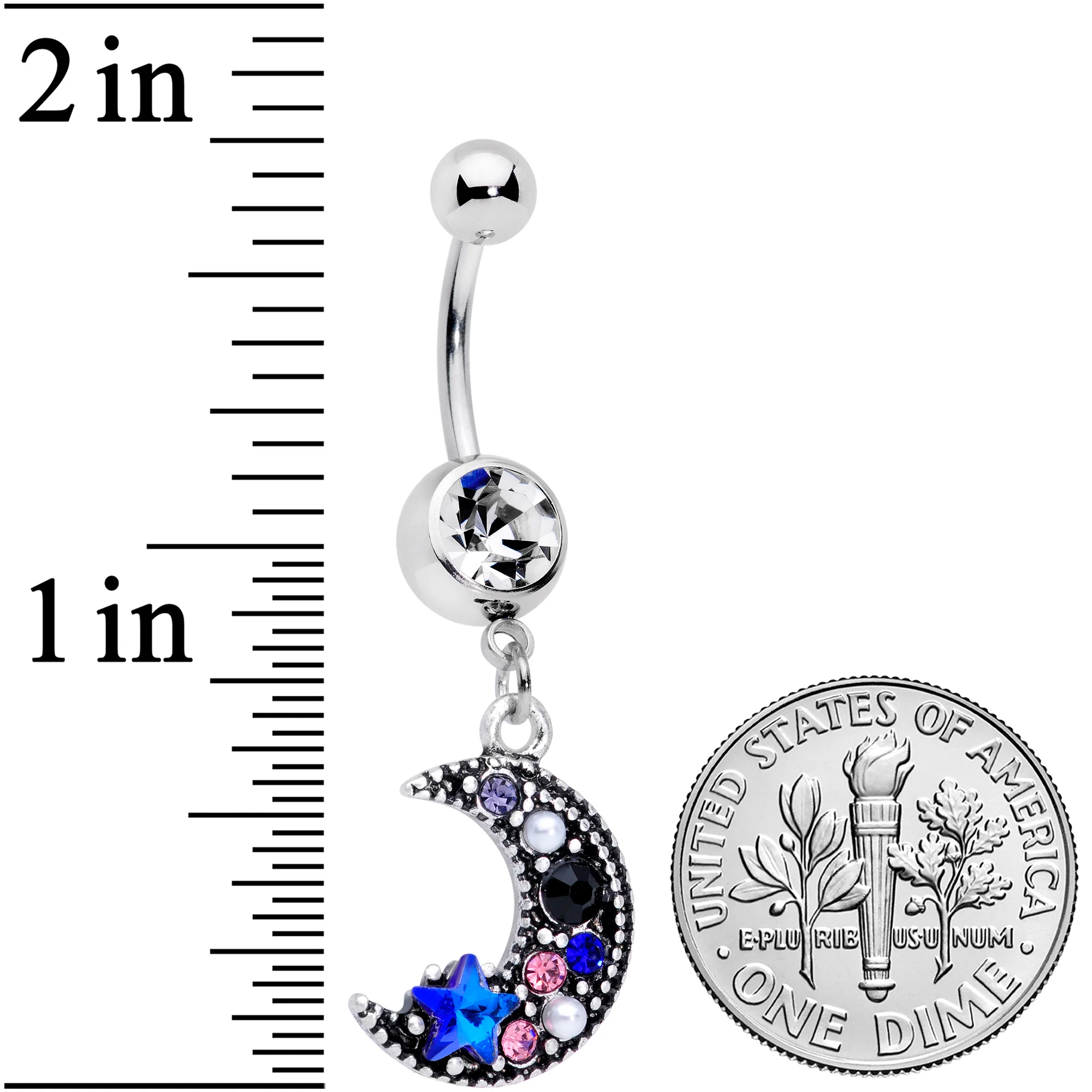 Clear Blue Black Gem Ornate Crescent Moon Dangle Belly Ring - Image 2
