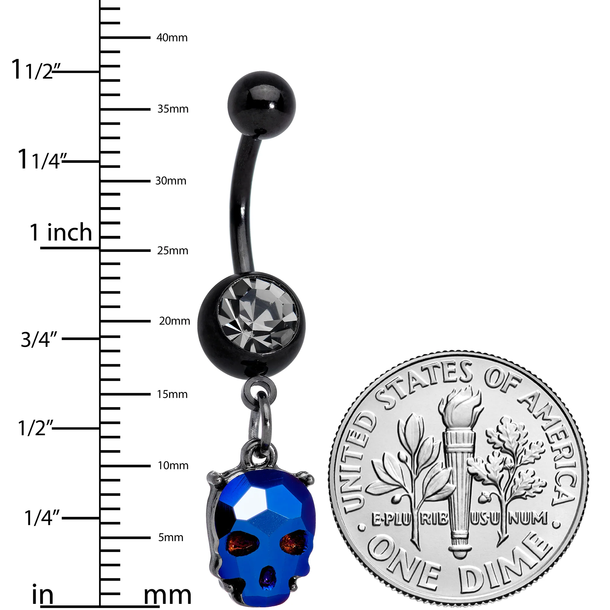 Clear Blue Gem Black Sugar Skull Dangle Belly Ring - Image 2