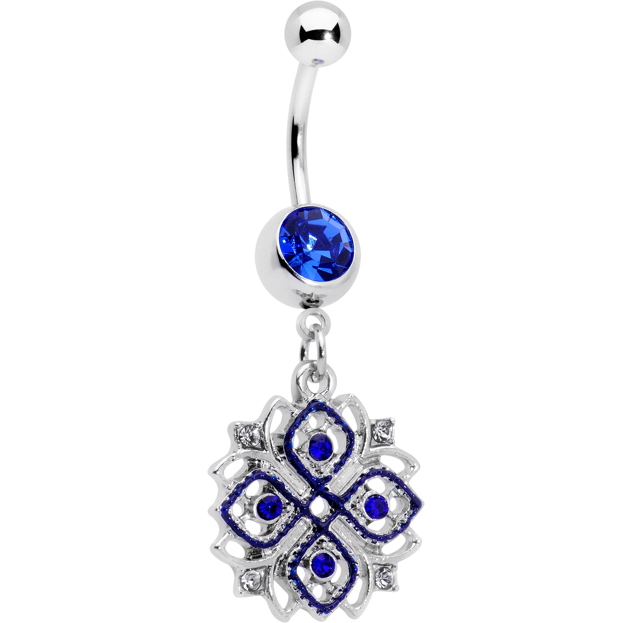 Clear Blue Gem Embellished Cross Dangle Belly Ring - Image 3